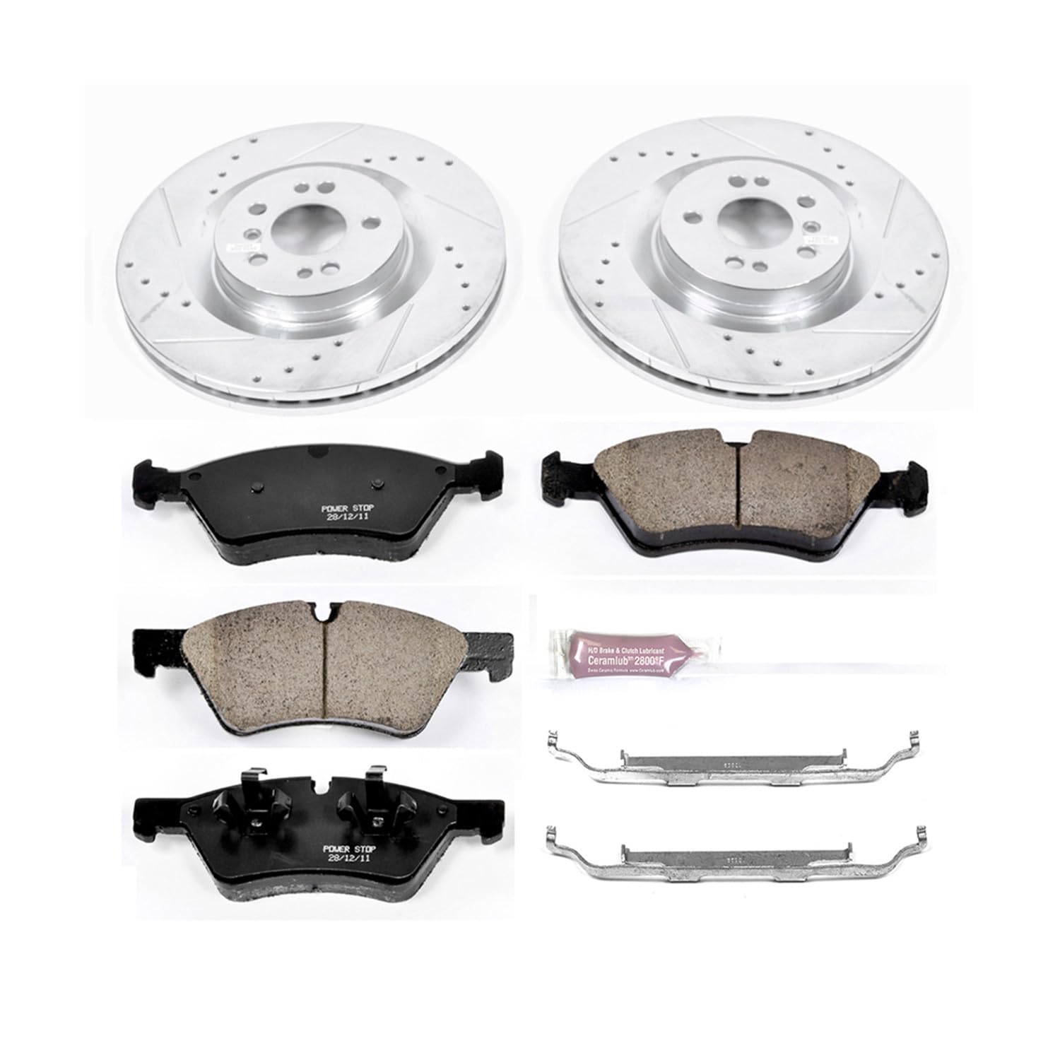 Power Stop K6706 Z23 Front Carbon Fiber Brake Pads with Drilled & Slotted Brake Rotors Kit and 1 Front Sensor Wire For GL320, GL350, GL450, GL550, ML550, R320, R350, R500 [Model Specific]