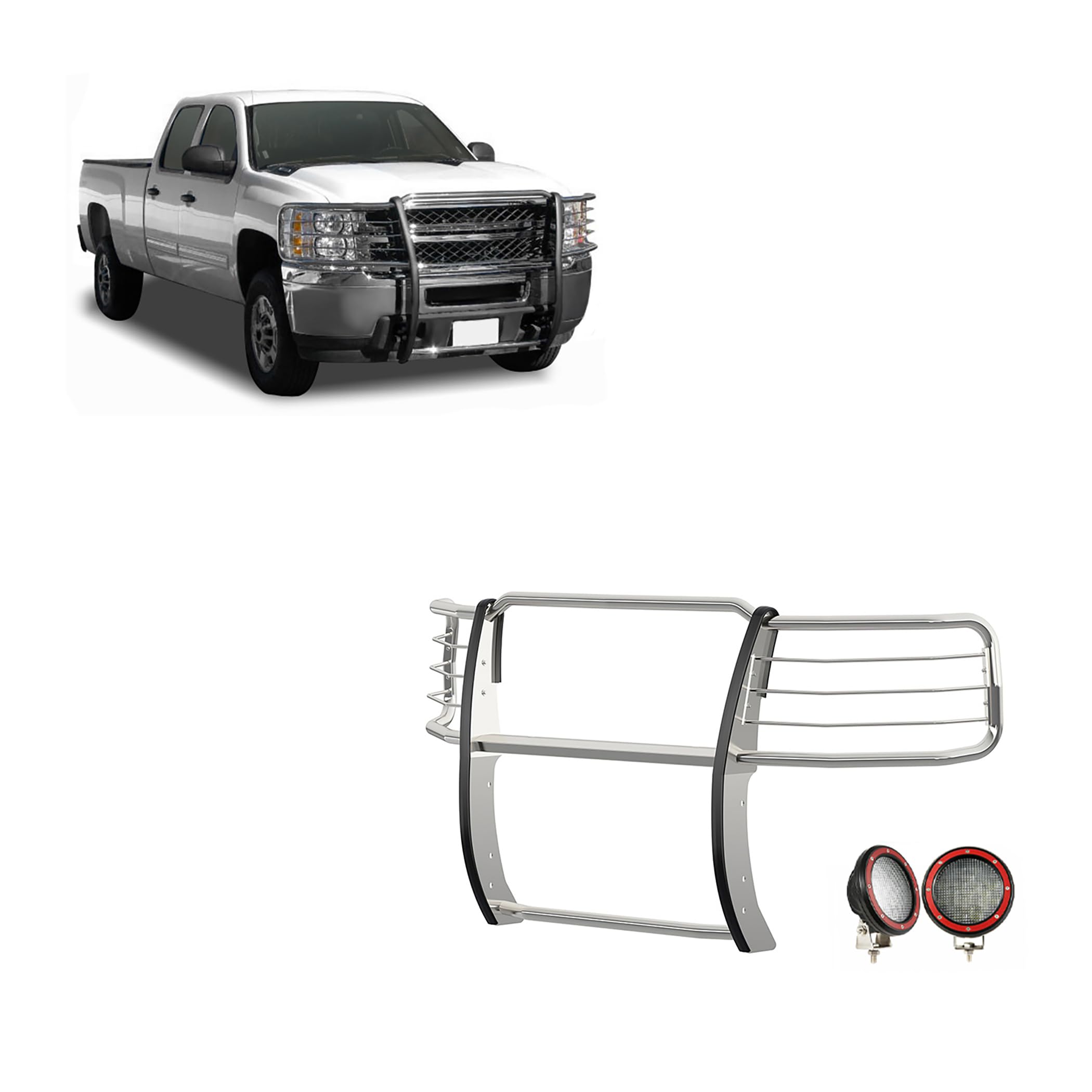 Grille Brush Black Horse Bumper Guard Modular Stainless Steel Come with Pair of 5.3" Dia.LED Lights with Red Trim Rings Compatible with 2014-2018 Chevrolet Silverado 1500-17GT27MSS-PLFR