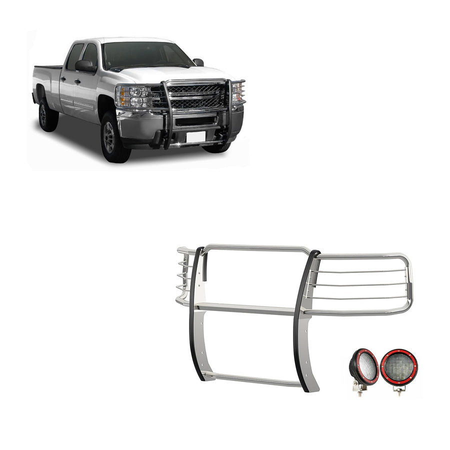 Grille Brush Black Horse Bumper Guard Modular Stainless Steel Come with Pair of 5.3" Dia.LED Lights with Red Trim Rings Compatible with 2014-2018 Chevrolet Silverado 1500-17GT27MSS-PLFR
