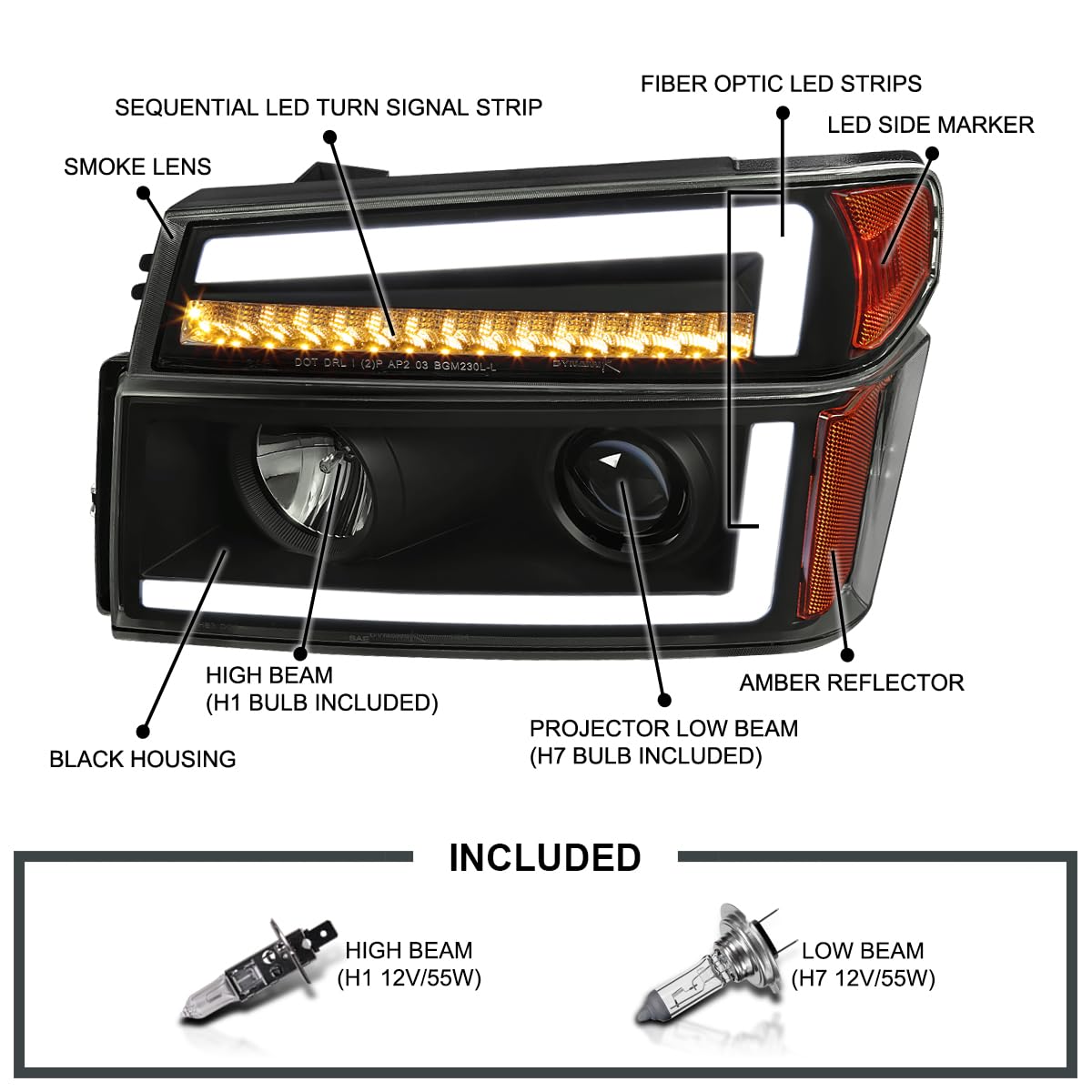 Black Smoke SPEC-D TUNING Projector Headlights with Sequential LED Turn Signal Light Compatible with 2004-2012 Chevy Colorado, Left + Right Pair Headlamps Assembly