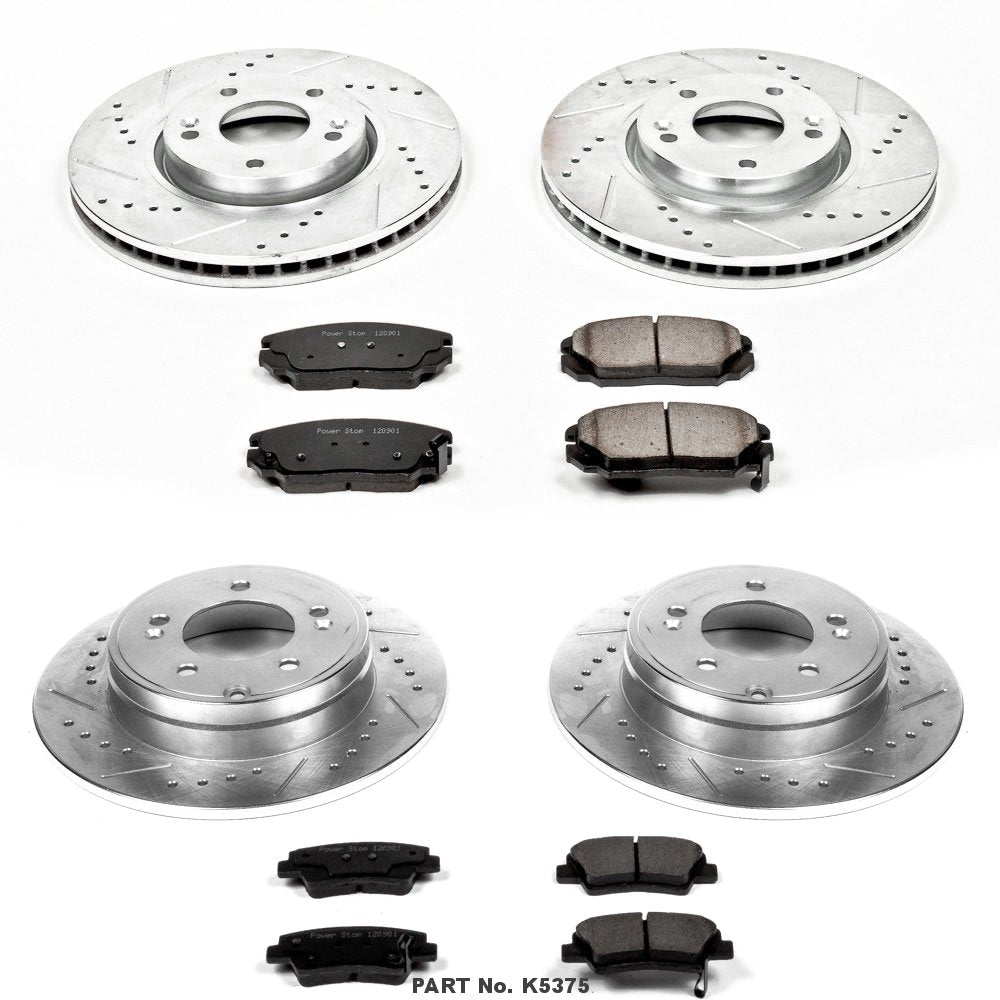 Power Stop K5375 Z23 Carbon Fiber Brake Pads Front and Rear with Drilled & Slotted Brake Rotors Kit