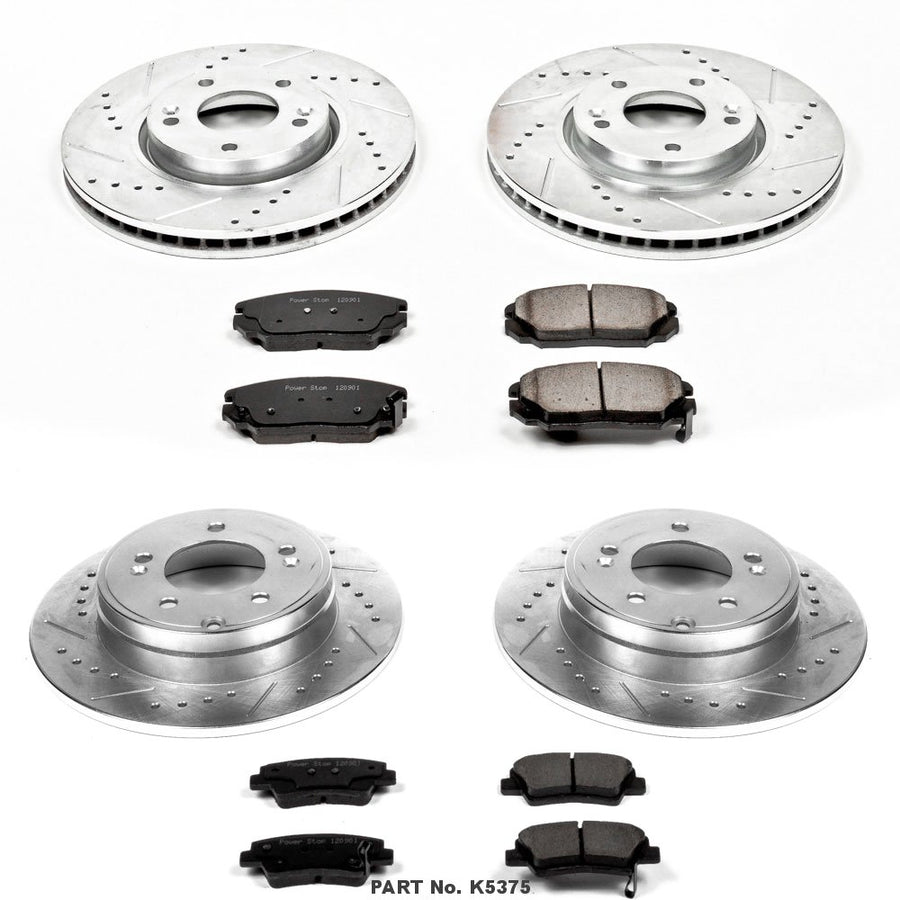 Power Stop K5375 Z23 Carbon Fiber Brake Pads Front and Rear with Drilled & Slotted Brake Rotors Kit