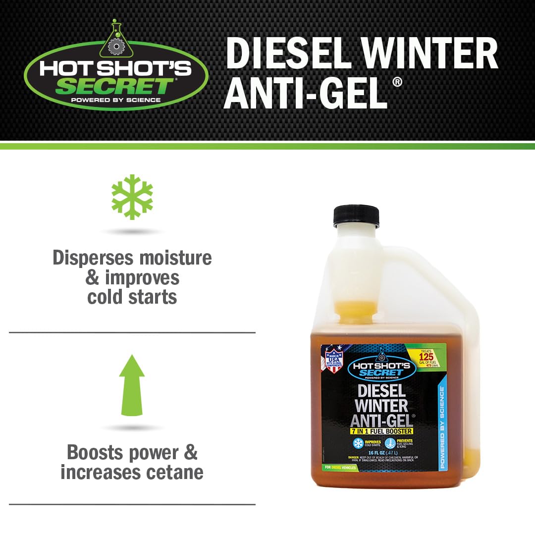 Diesel Winter Anti-Gel Hot Shot's Secret – 16 Oz Squeeze, 7-in-1 Diesel Fuel Additive – Prevents Gelling and Fuel Line Freeze-Ups – Boosts Cetane – Cleans Injectors – Improves Performance, Amber