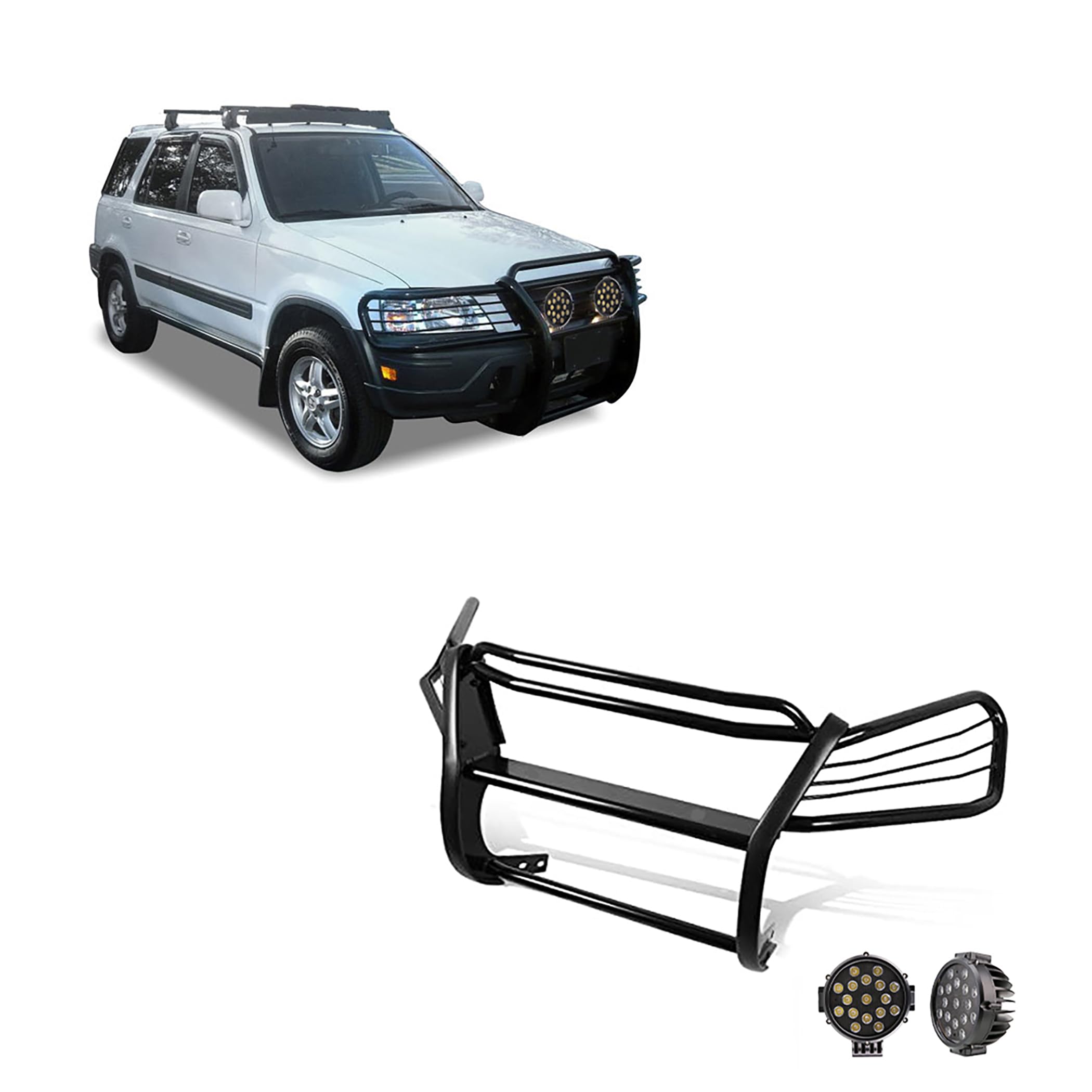 Grille Brush Black Horse Bumper Guard Modular Come with Pair of 7.0" Dia.LED Lights with Black Trim Rings Compatible with 1997-2001 Honda CR-V-PG24001MA-PLB