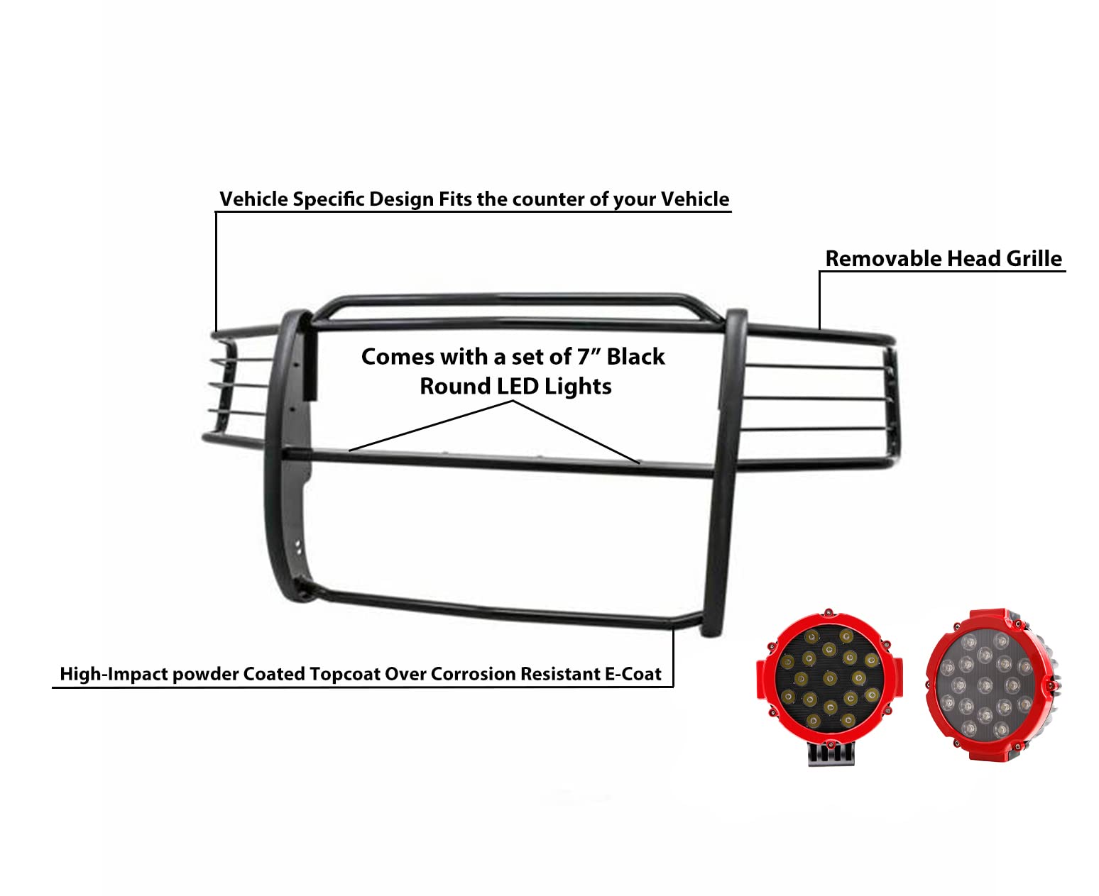Black Horse Grille Brush Bumper Guard Black Modular Come with Pair of 7.0" Dia.LED Lights with Red Trim Rings Compatible with 2001-2012 Ford Ranger|2001-2012 Ford Ranger-17FR20MA-PLR