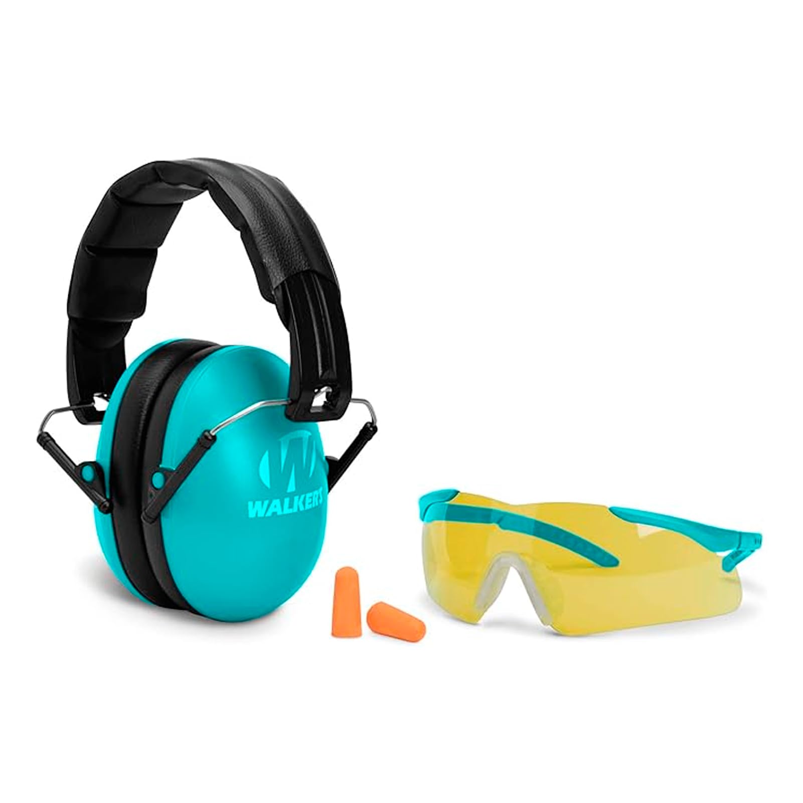 WALKER'S Low Profile Youth & Women's Folding Padded Headband Adjustable Hearing Protection Earmuffs, Teal Muff, Glasses & Plugs Combo