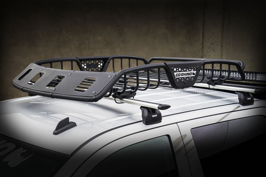 SR40 Roof Rack Go Rhino - Tubular Rack w/ 4x Light Mount Openings & Cross Bar Clamps | Mild Steel, Textured Black, L: 48" x W: 40" x H: 6" | 59045T