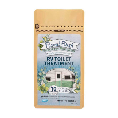 Camco 41492 RV Toilet Treatment Drop-Ins Floral Flush, Eucalyptus Mint Scent - Eliminates Odors and Breaks Down Waste - One Drop-in Treats Up to a 40-Gallon Tank - (10) Drop-Ins Per Bag