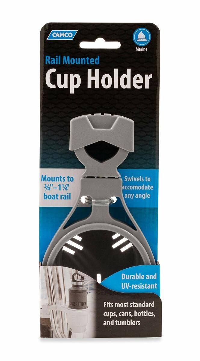 Camco Clamp Mounted Large Cup Holder-Provides a Secure Location for Your Beverage-Mountable for Up to 2-Inch Rail-Gray (53092)