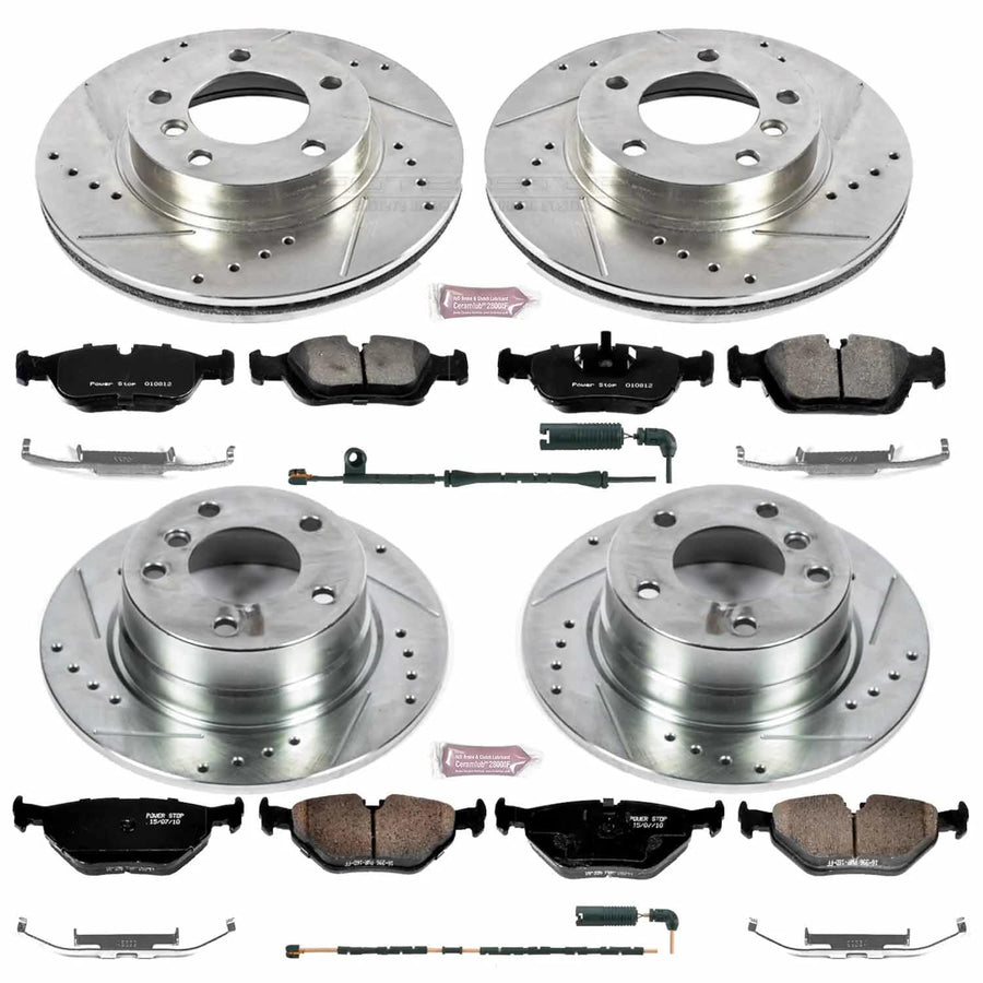 Power Stop K4371 Z23 Carbon Fiber Brake Pads Front and Rear with Drilled & Slotted Brake Rotors Kit and 1 Front & 1 Rear Sensor Wires For BMW Z4 2003-2005 [Model Specific]