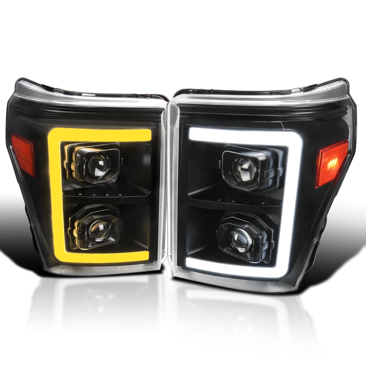 Black SPEC-D TUNING Projector Headlights w/Switchback Sequential LED Bar and Startup Animation Compatible with 2011-2016 Ford F250, F350, F450, F550 Super Duty, Left + Right Pair Headlamps Assembly