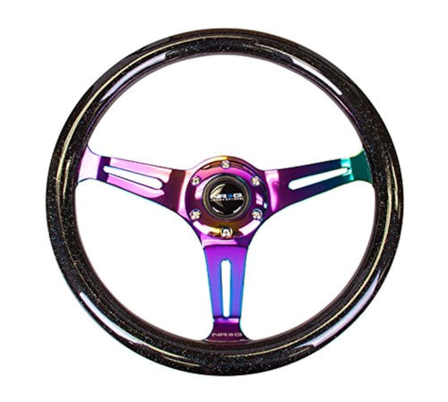 NRG Innovations Steering Wheel NRG-ST-015MC-BSB - 350mm 25mm Deep Configuration "Galaxy" Classic Wood Grain Wheel 3 Neochrome Spokes- Black Sparkled Color