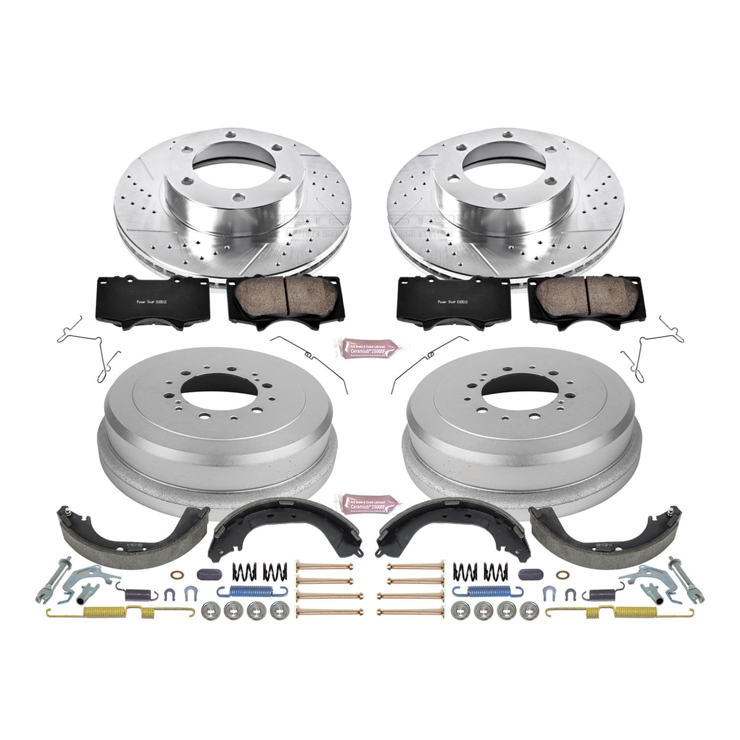 Power Stop K15098DK Z23 Carbon Fiber Brake Pads Front and Rear with Drilled & Slotted Brake Drums Kit For Toyota Tundra 2000-2003 [Model Specific]