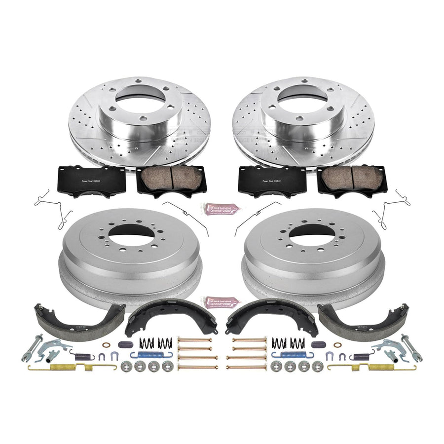 Power Stop K15098DK Z23 Carbon Fiber Brake Pads Front and Rear with Drilled & Slotted Brake Drums Kit For Toyota Tundra 2000-2003 [Model Specific]