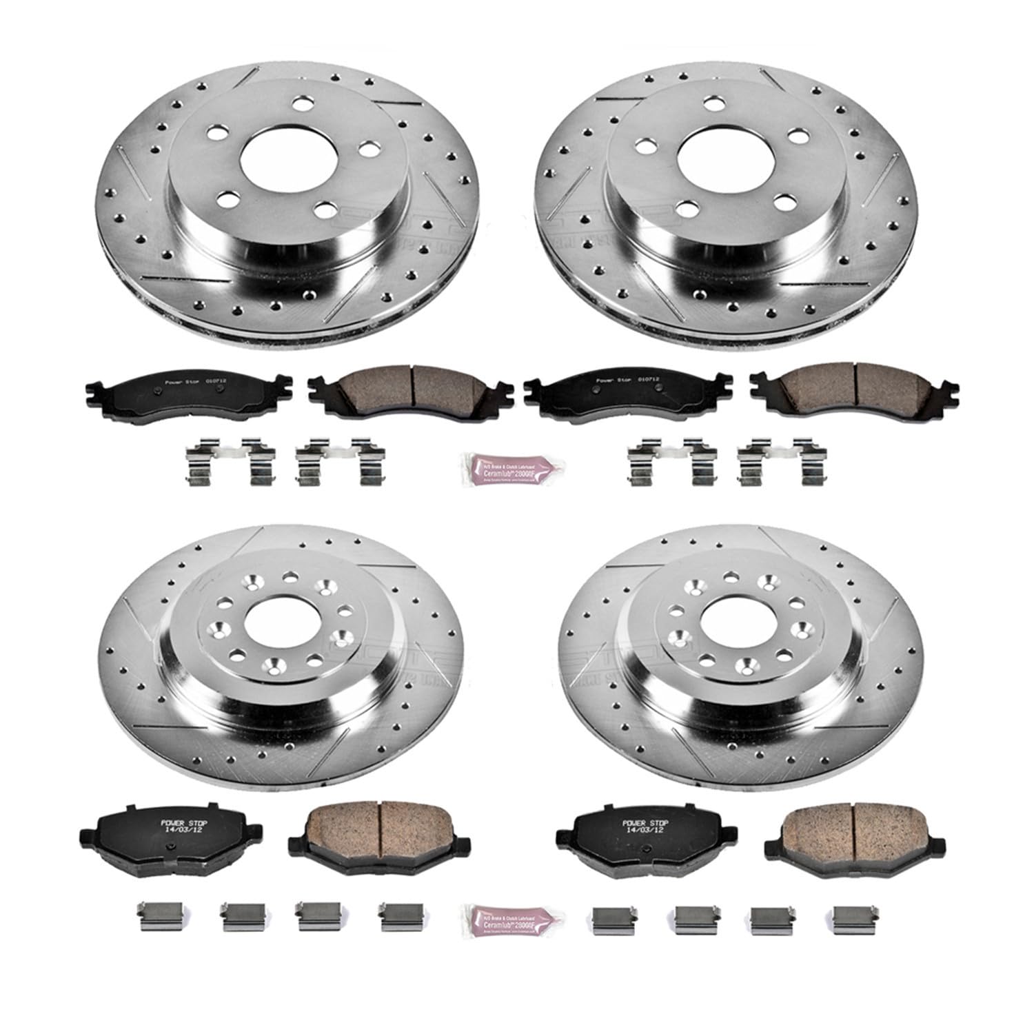 Power Stop K5582 Z23 Carbon Fiber Brake Pads Front and Rear with Drilled & Slotted Brake Rotors Kit For Ford Taurus 2011-2012 [Model Specific]