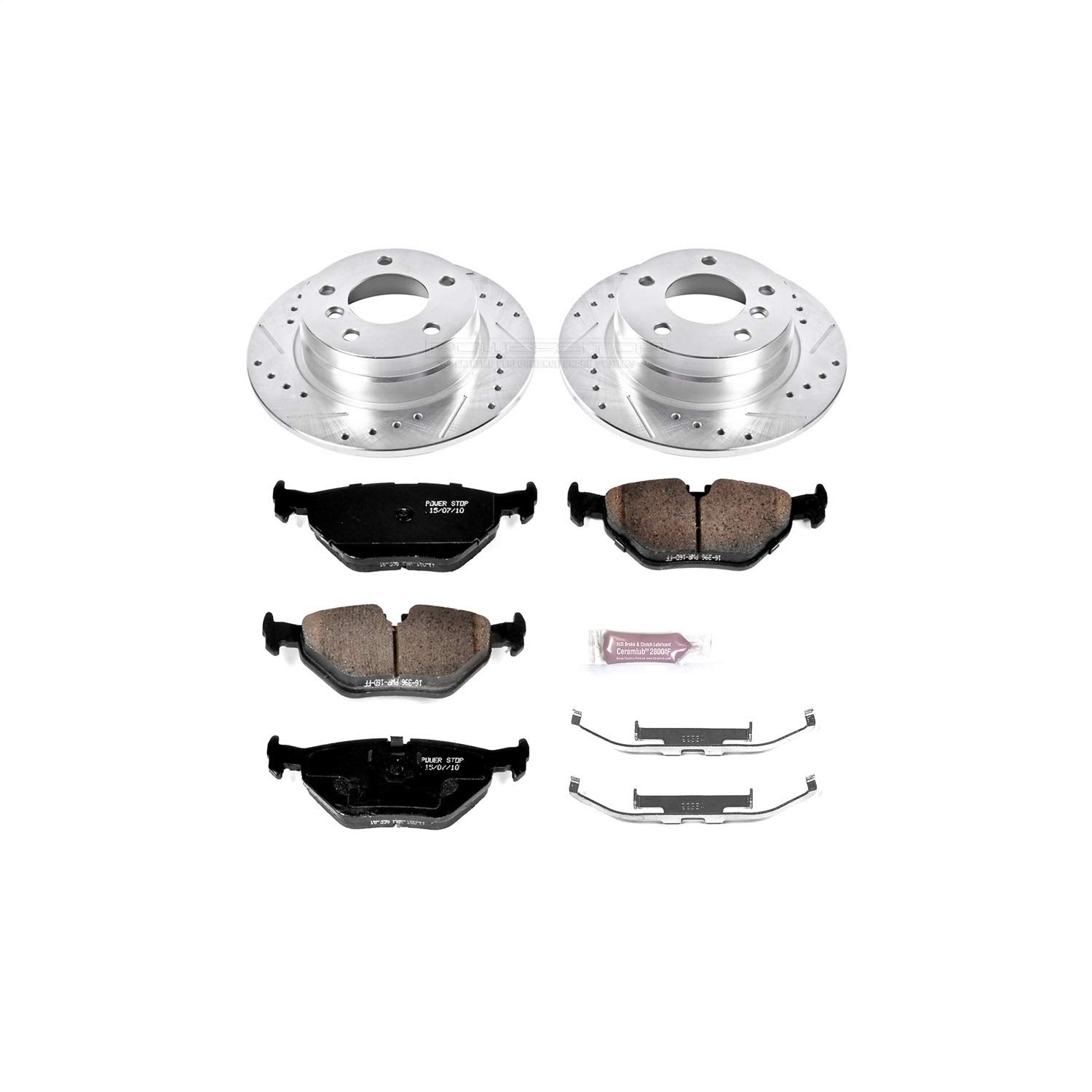 Power Stop Rear K502 Z23 Carbon Fiber Brake Pads with Drilled & Slotted Brake Rotors Kit