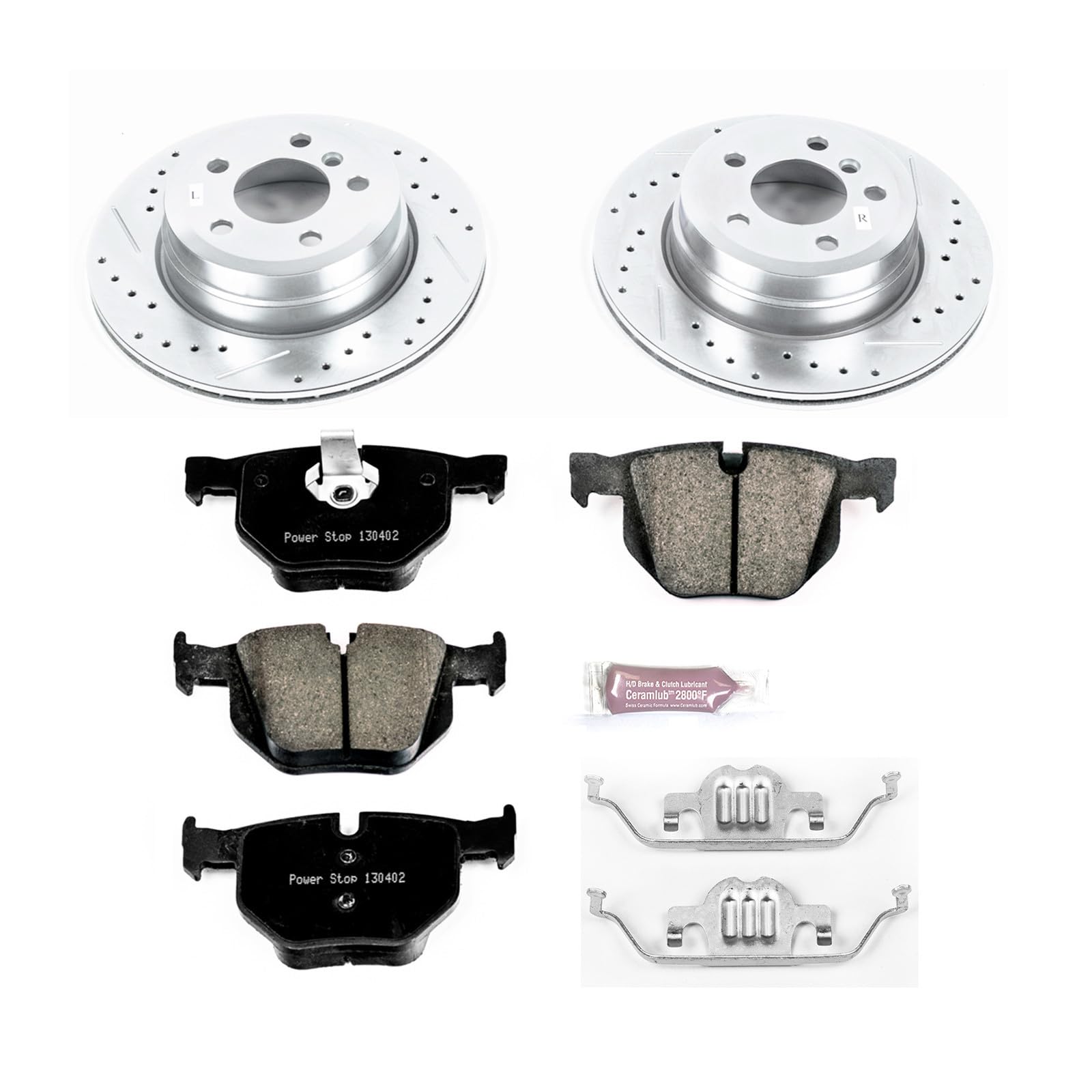 Power Stop K5984 Brake Pads Rear Z23 Carbon Fiber with Drilled & Slotted Brake Rotors Kit and 1 Rear Sensor Wire For BMW X5 2007-2010, BMW X6 2009-2010 [Model Specific]