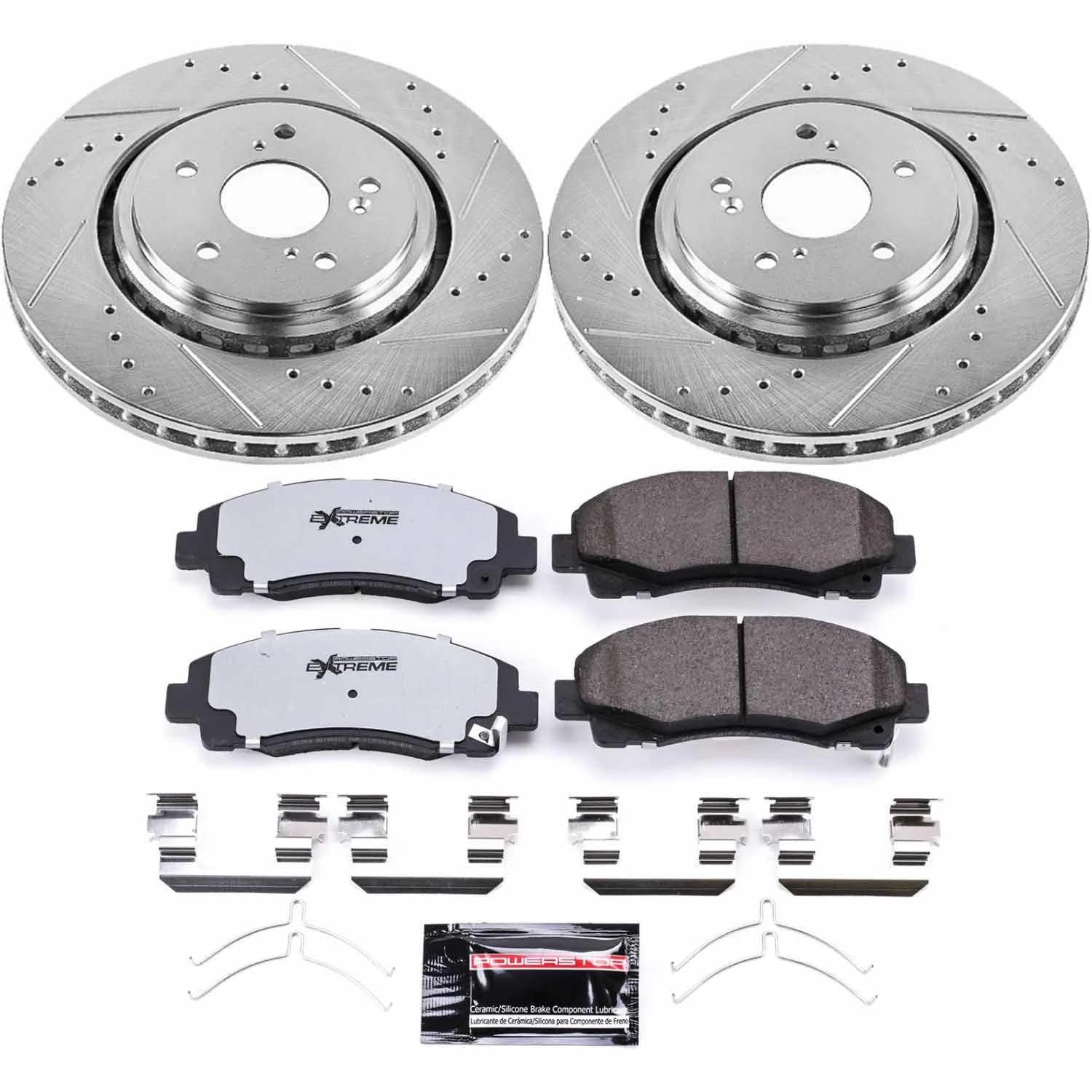 Front Brake Kit Power Stop For 2015 2016 2017 2018 2019 2020 Acura TLX - Truck & Tow Carbon Fiber Ceramic Brake Pads & Drilled and Slotted Rotors Replacement, K7214-36
