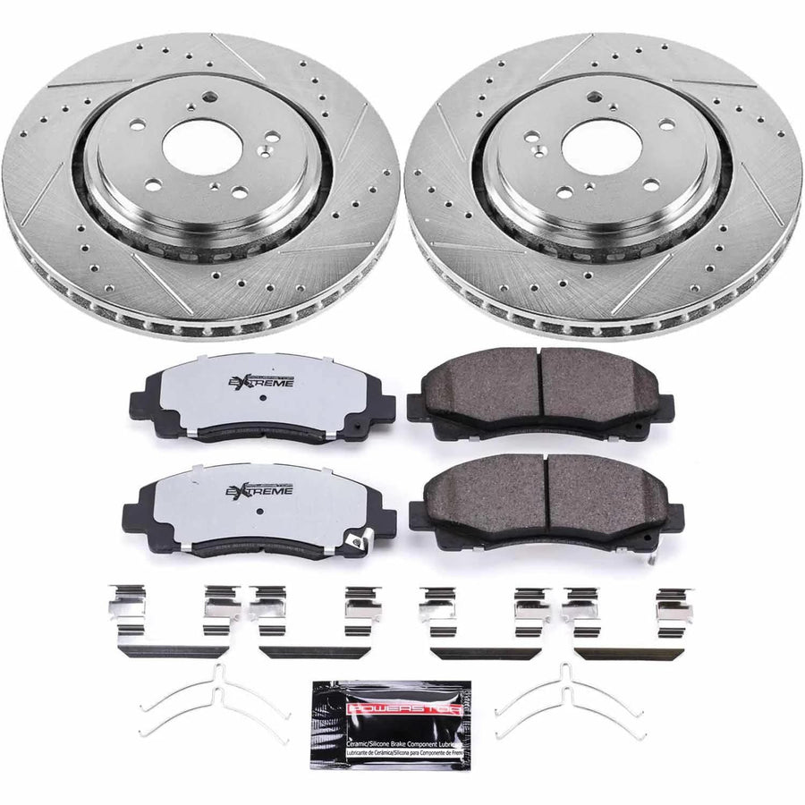 Front Brake Kit Power Stop For 2015 2016 2017 2018 2019 2020 Acura TLX - Truck & Tow Carbon Fiber Ceramic Brake Pads & Drilled and Slotted Rotors Replacement, K7214-36
