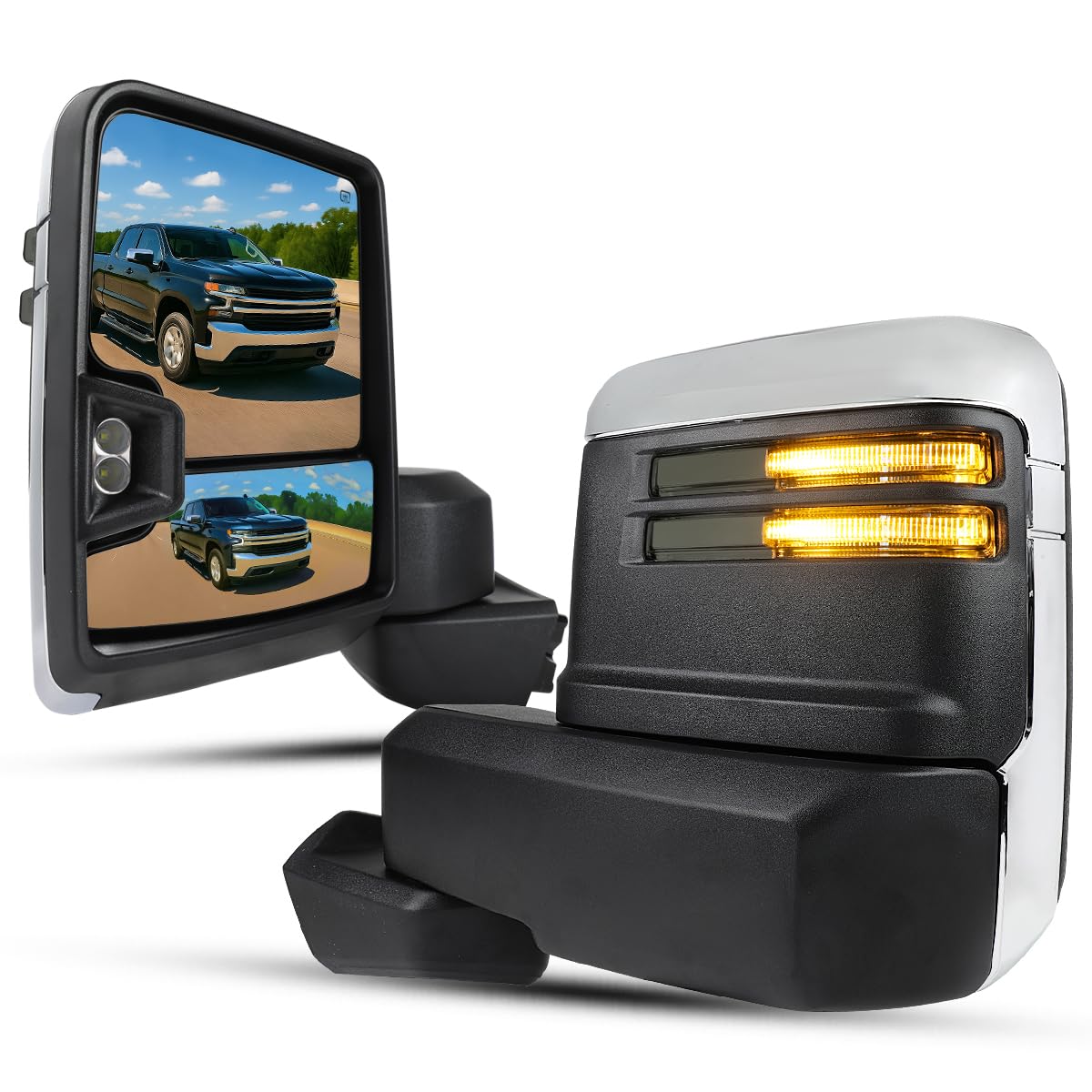 Power Spec-D Tuning Chrome Heated Towing Mirrors w/Smoke LED Signal, Temperature Sensor Compatible with 2019-2025 Chevy Silverado 1500, Left + Right Pair