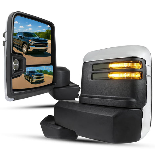 Power Spec-D Tuning Chrome Heated Towing Mirrors w/Smoke LED Signal, Temperature Sensor Compatible with 2019-2025 Chevy Silverado 1500, Left + Right Pair