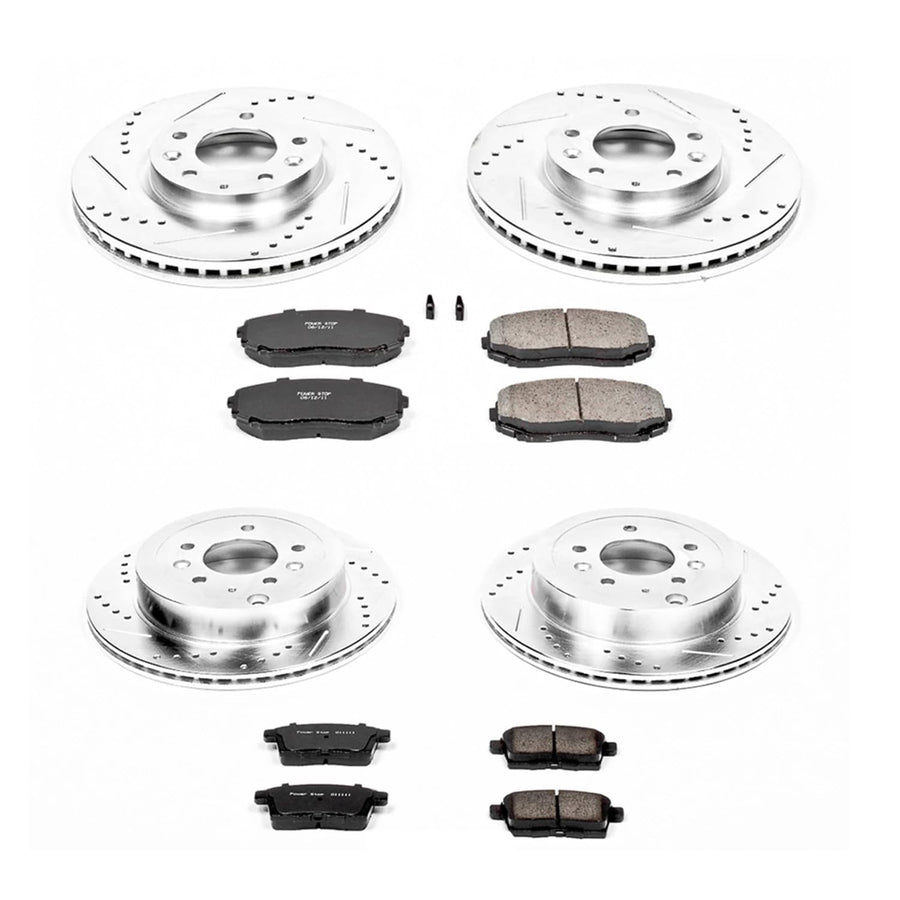 Power Stop K5829 Z23 Carbon Fiber Brake Pads Front and Rear with Drilled & Slotted Brake Rotors Kit For Mazda CX-7 2007-2012 [Model Specific]