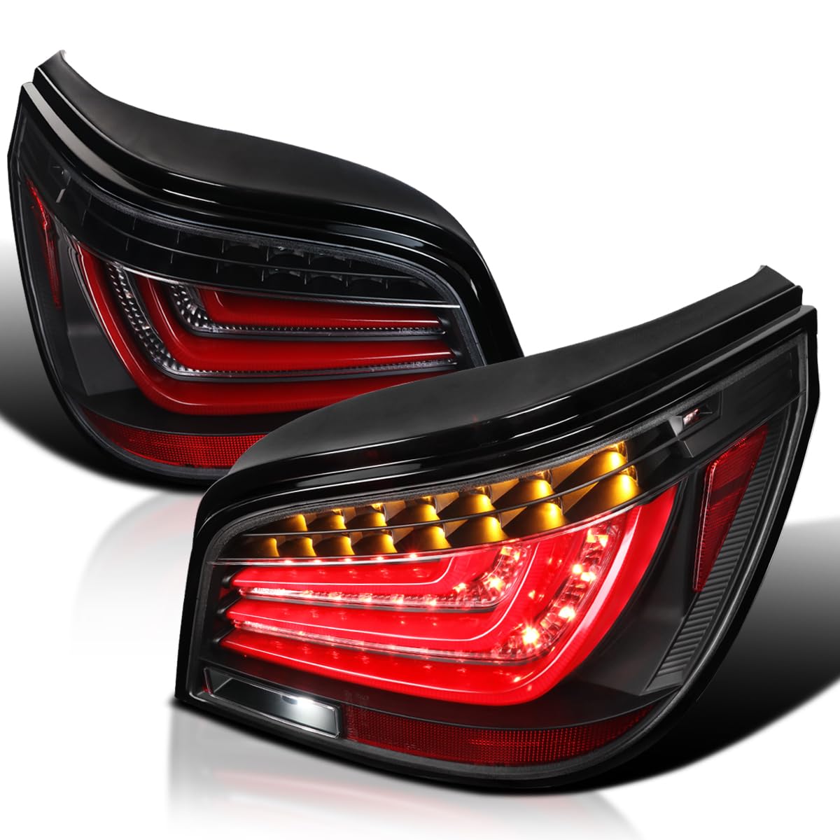 Spec-D Tuning Tail Lights Black w/Red LED Bar Compatible with 2004-2007 BMW E60 5-Series 4 Door, Left + Right Pair Assembly