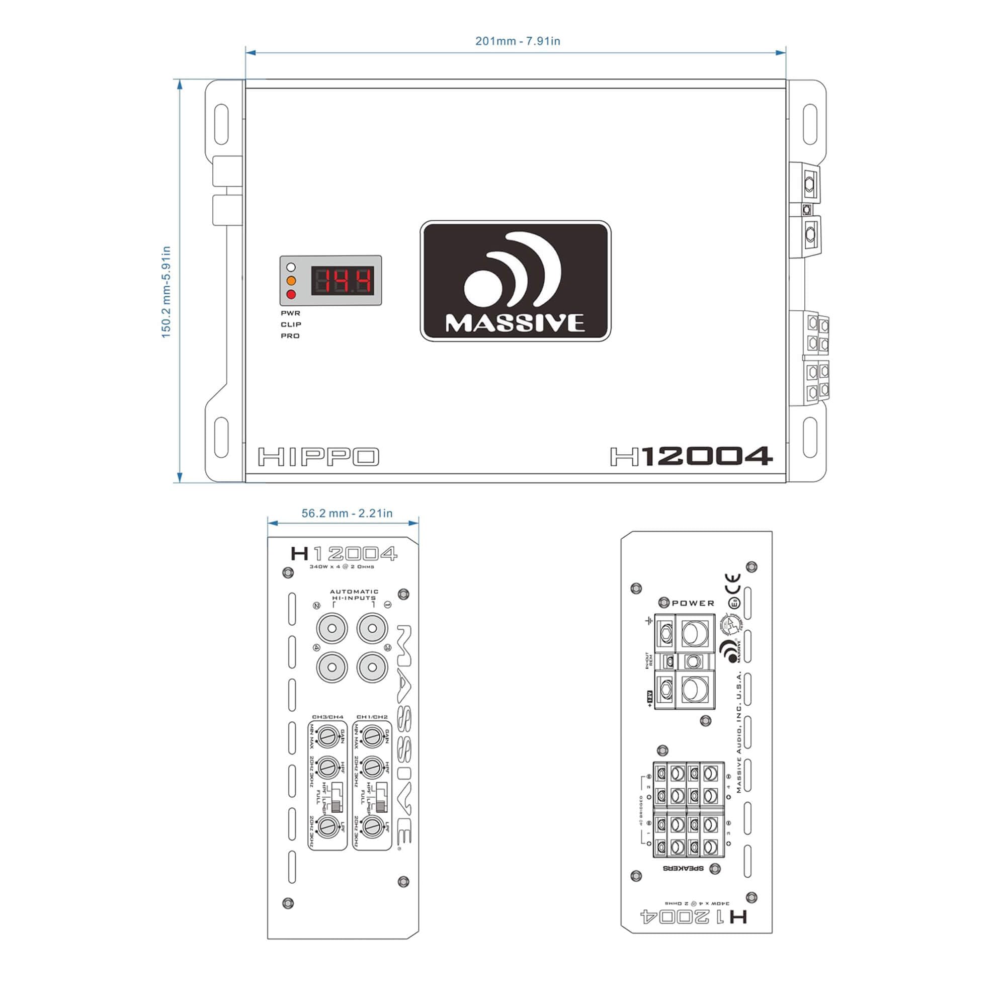 200 Watts RMS x 4 @ 4 Ohm Massive Audio Hippo Series High Performance Amplifier