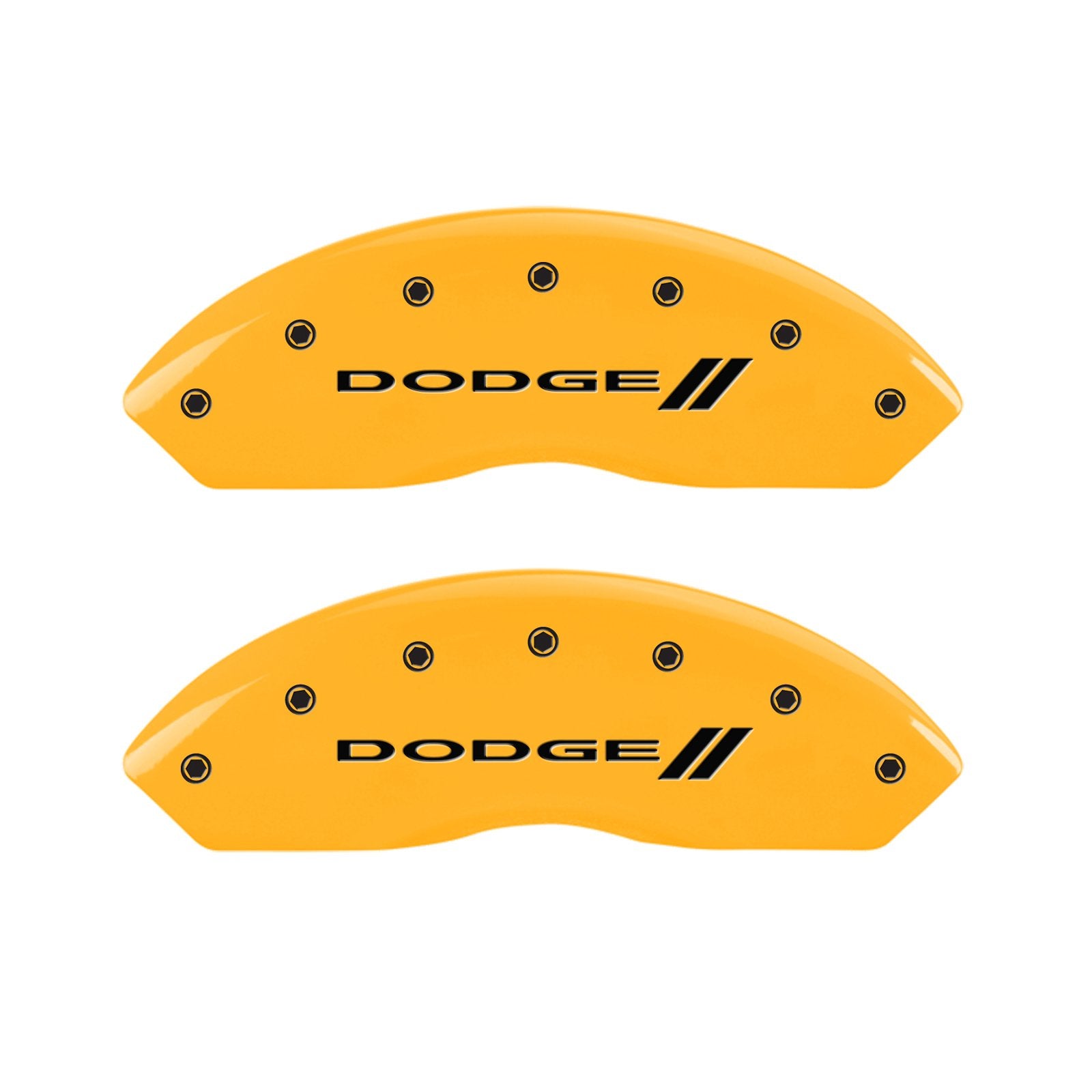 Caliper Covers MGP 12200SDD3YL, Set of 4 (Yellow Engraved Front and Rear: with Stripes/Dodge Powder Coat Finish Black Characters)