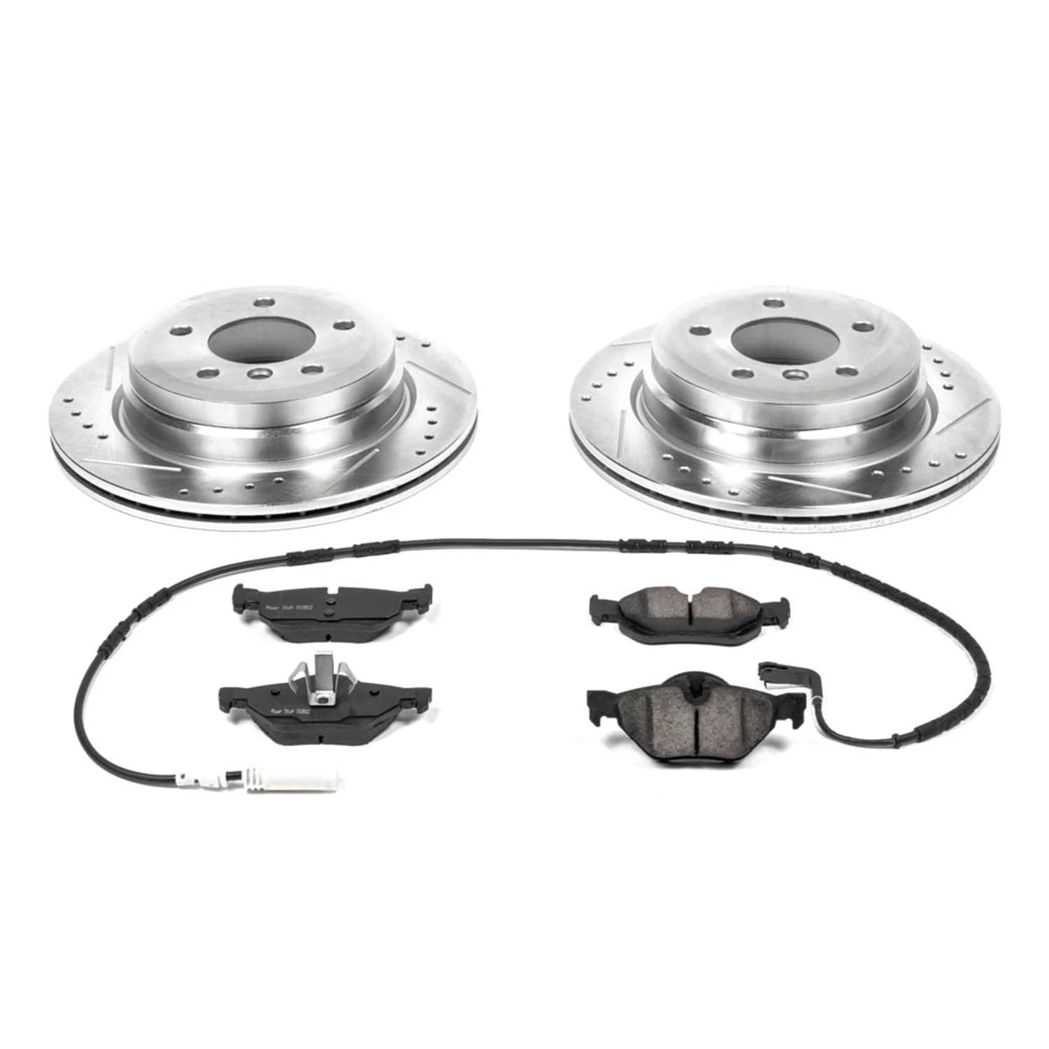 Power Stop K3002 Brake Pads Rear Z23 Carbon Fiber with Drilled & Slotted Brake Rotors Kit and 1 Rear Sensor Wire