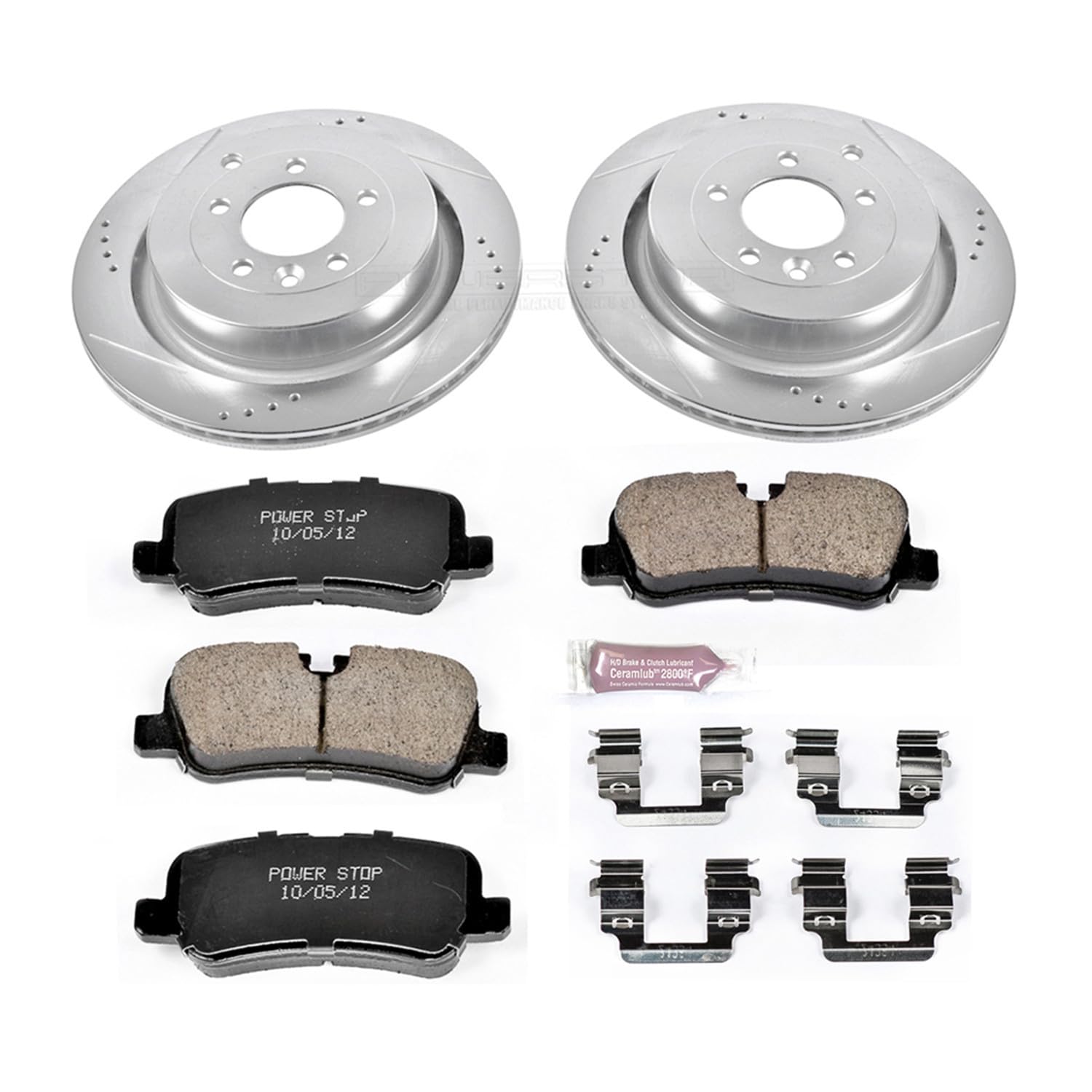 Power Stop K6564 Rear Brake Pads Z23 Carbon Fiber with Drilled & Slotted Brake Rotors Kit For Land Rover LR3, Land Rover LR4, Land Rover Range Rover Sport [Model Specific]