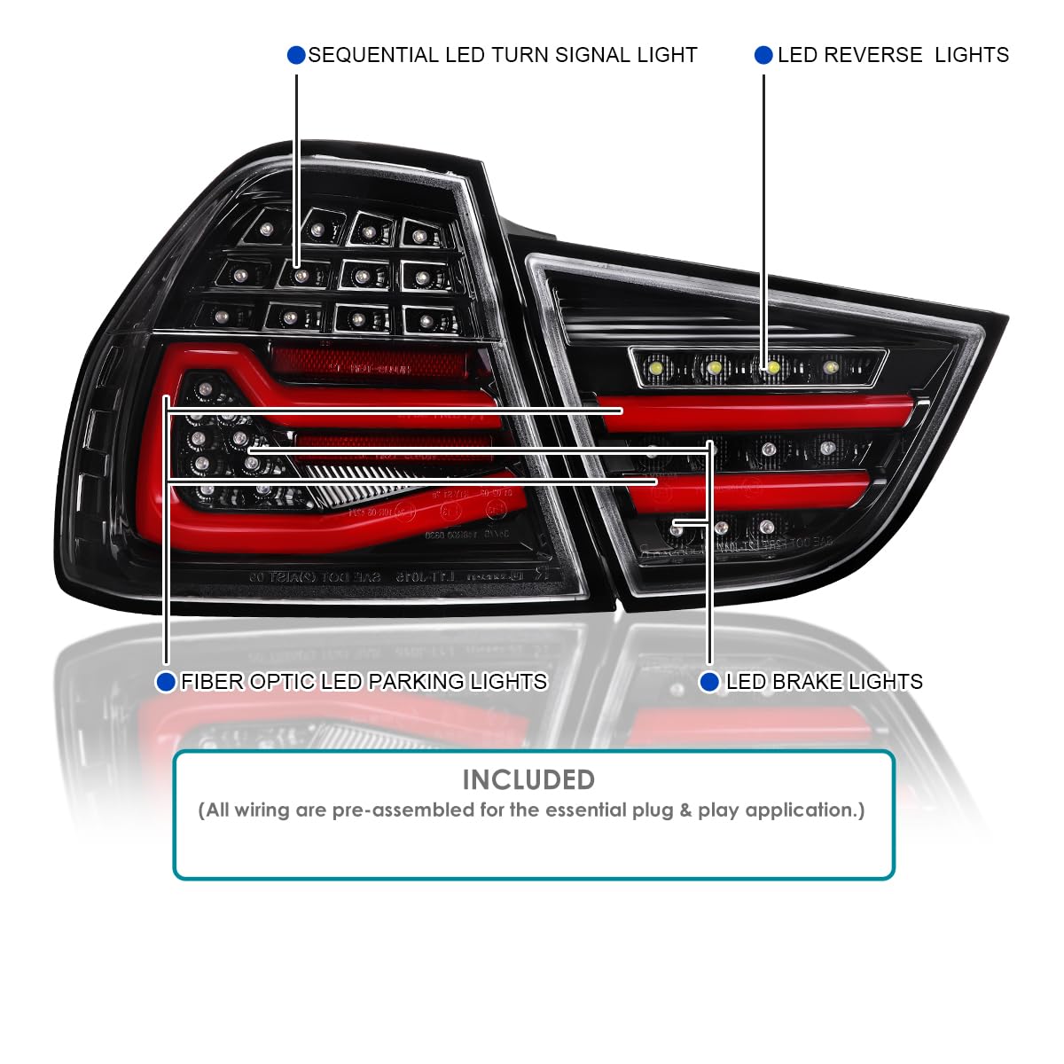Full LED Jet Black Tail Lights SPEC-D TUNING w/Fiber Optic Parking Light S and trip and Sequential Turn Signals Compatible with 2009-2011 BMW E90 3-Series