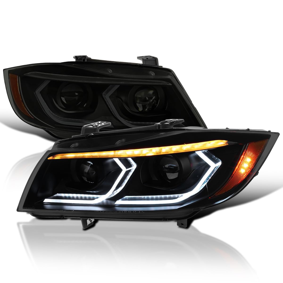 Black Smoke SPEC-D TUNING Dual Projector Headlights with 3D LED Tube and Startup Animation Compatible with 2006-2011 BMW 3-Series E90 Sedan/E91 Wagon, Left + Right Pair Headlamps Assembly