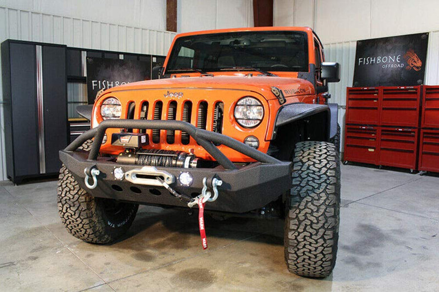 Fishbone Offroad Jeep JK Full Width Winch Bumper W/LEDs Black Textured Powercoated 07-17 Wrangler JK