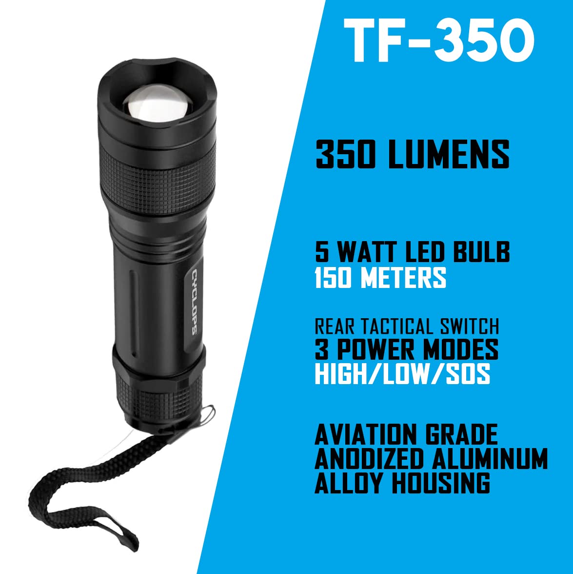 5-Watt Cyclops TF-350 Lumens LED Bulb Battery Powered Handheld Pocket Flashlight for Camping, Hiking, Emergency