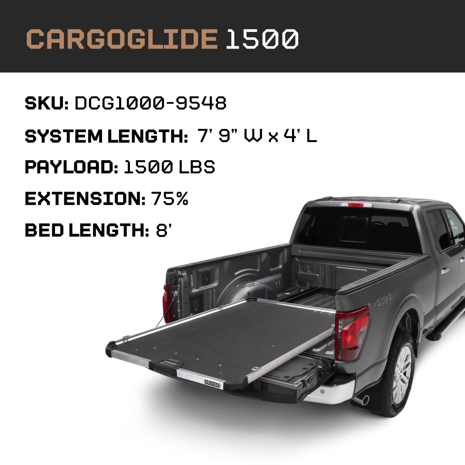 Truck Bed Slide CargoGlide – 1500 lb Capacity, 75% Extension – Heavy-Duty Pickup Cargo Slide for Easy Bed Access – Compatible with CargoGlide 1500/75% / 48" W / 95" L for 8 Foot Bed Trucks