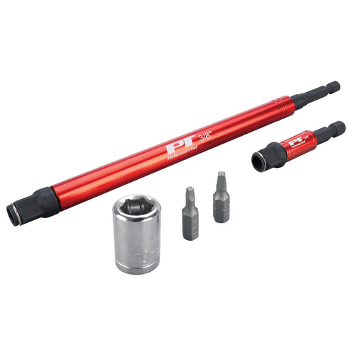 5 pc. Performance Tool W9033 3/8-in Drive Socket Adapter Set, Power Nut/Socket Driver: 8-in and 2.5-in adapters, 10 mm, S1 and S2 1-in and 1/4-in Sockets, Chrome Vanadium Steel, Red/Silver