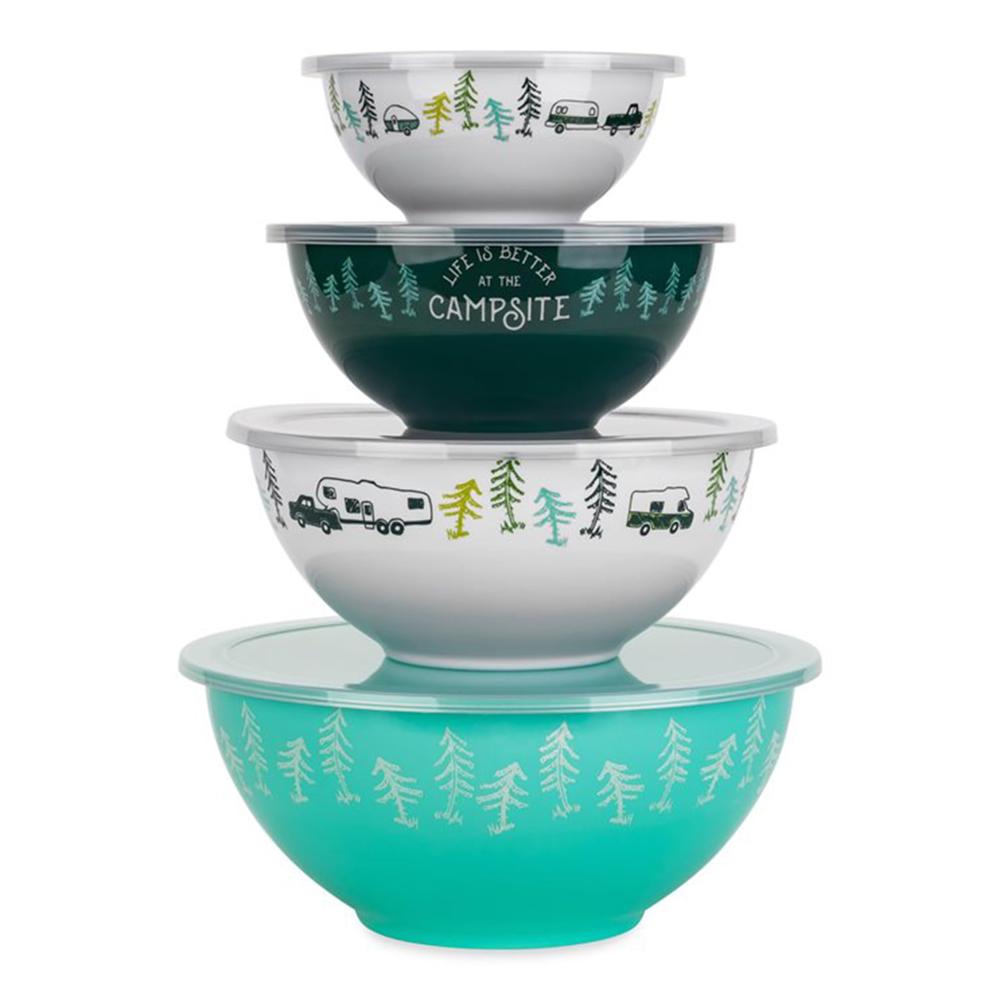 Nesting Bowl Set Camco with Lids - Features Life is Better at The Campsite Design - Camping Dishware Set Includes 4 Durable Melamine Bowls with 4 Plastic Lids - Camping Kitchen Essentials(53451)