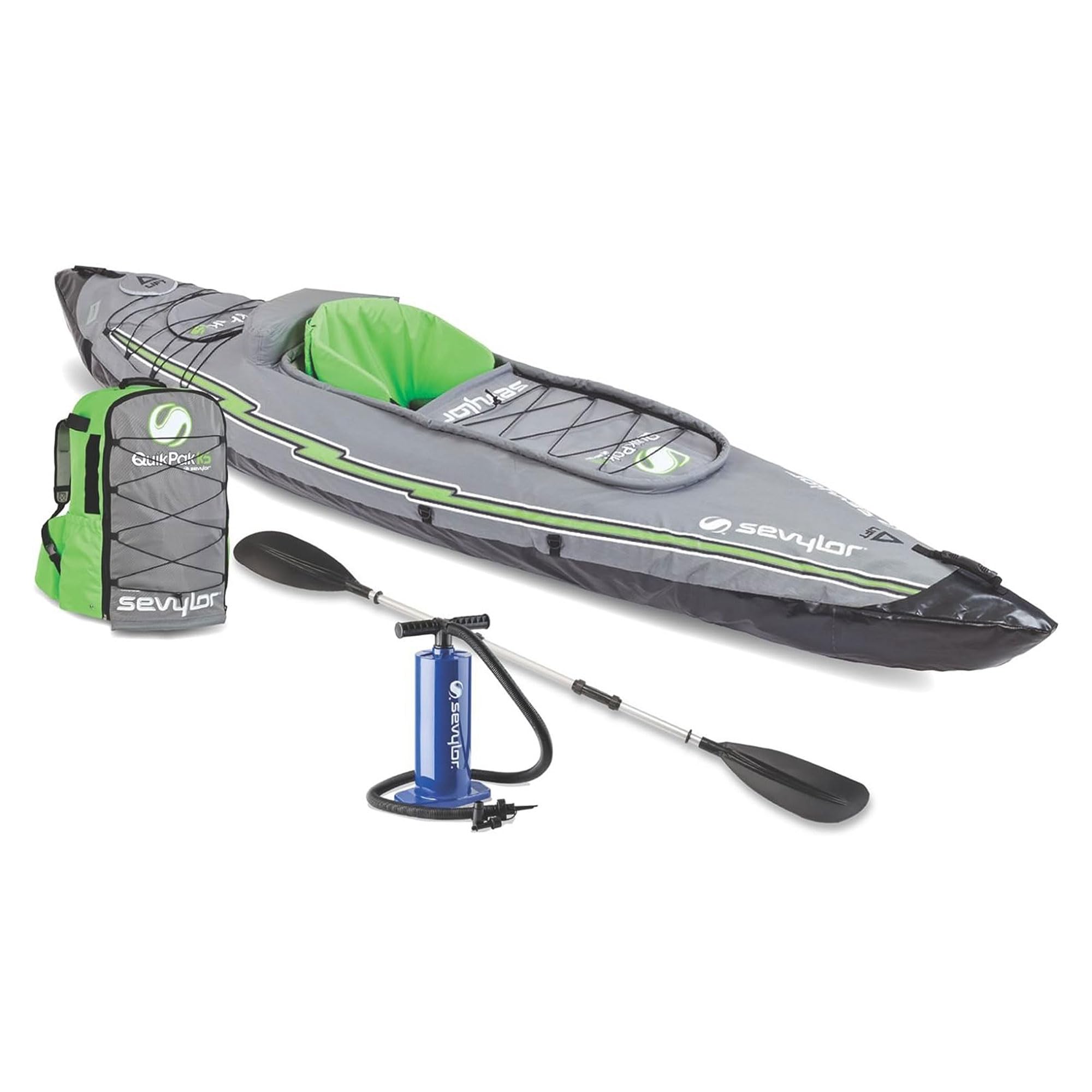 QuickPak Sevylor K5 24 Gauge PVC Polyester 1 Person Inflatable Kayak w/Hand Pump, Paddle, Double Lock Valves and Easy To Carry Backpack System, Gray