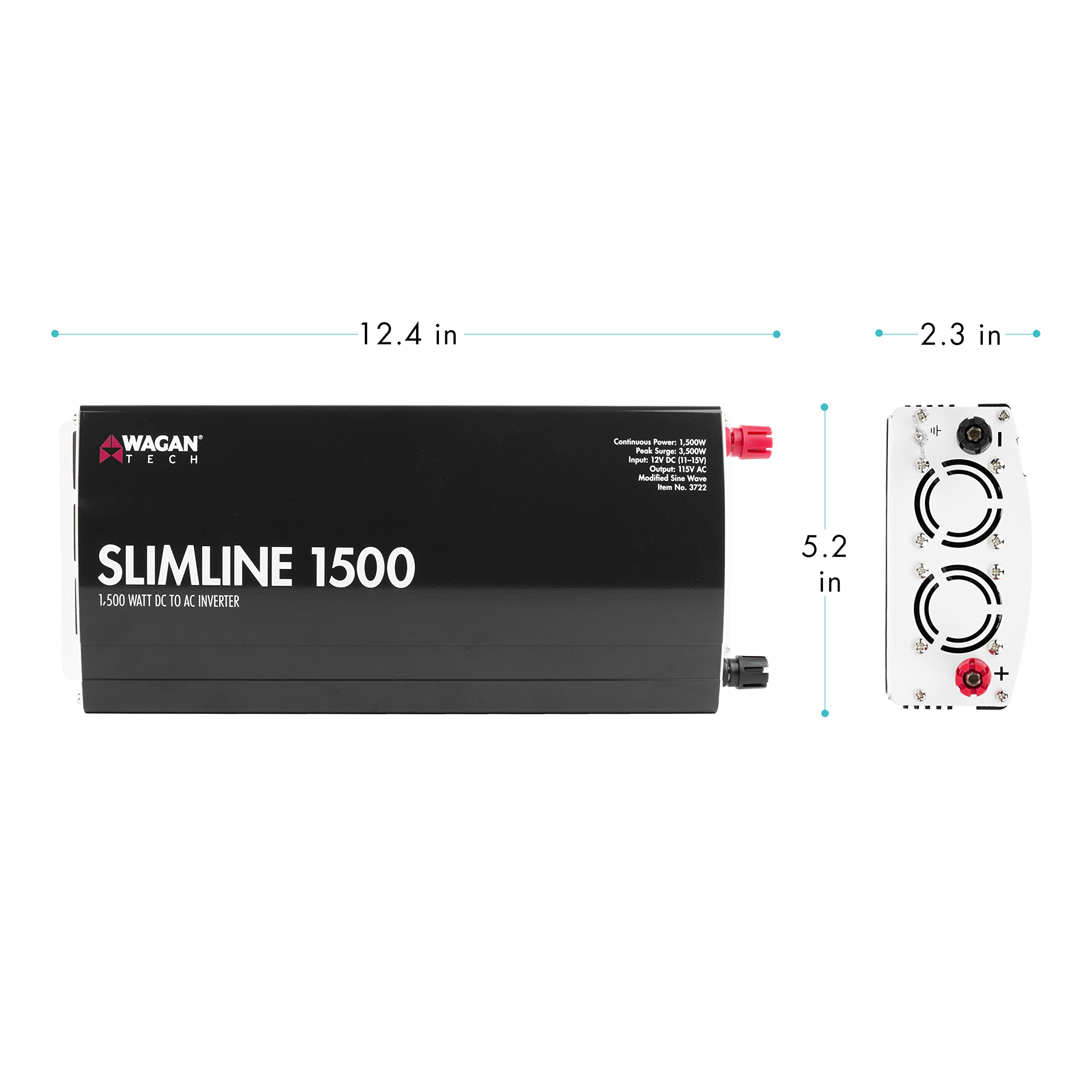 Wagan EL3722 Slim Line 1500W AC to DC Power Inverter 1500W TrueRated Continuous 3000W Surge Power DC 12V to AC 110V with 2 AC Outlets and 2A USB Charging Port