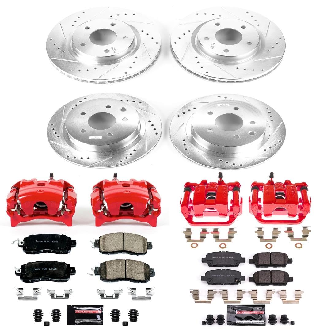 Power Stop Z23 KC8288, Front and Rear Brake Caliper Kit-Drilled/Slotted Brake Rotor, Brake Pads & Calipers For Nissan LEAF 2014-2017 [Model Specific]