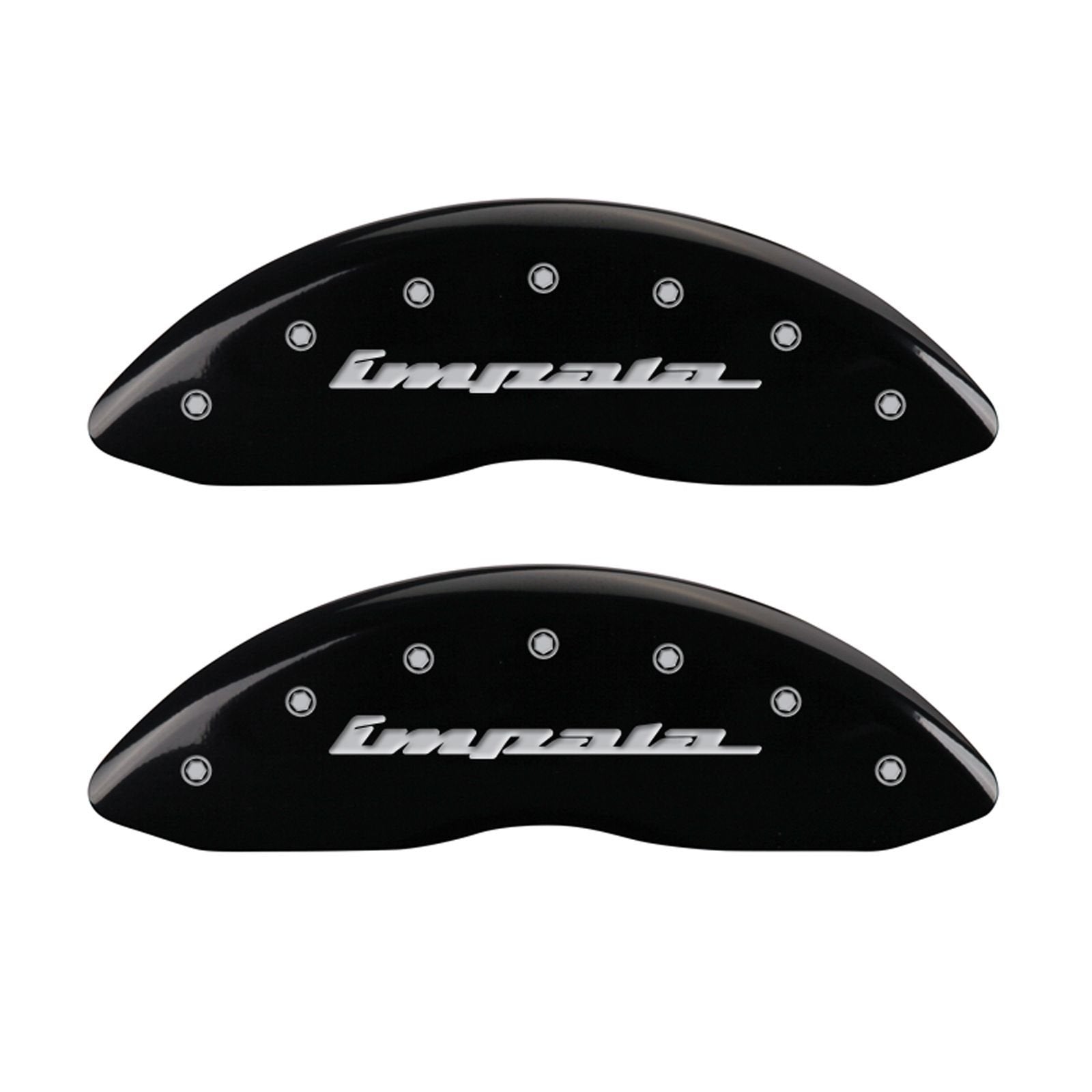 MGP Caliper Covers 'IMPALA' 14006SIMPBK Engraved Caliper Cover with Black Powder Coat Finish and Silver Characters, (Set of 4)