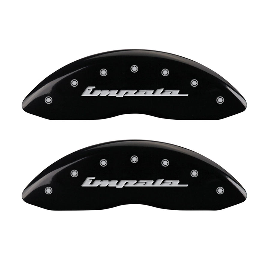 MGP Caliper Covers 'IMPALA' 14006SIMPBK Engraved Caliper Cover with Black Powder Coat Finish and Silver Characters, (Set of 4)