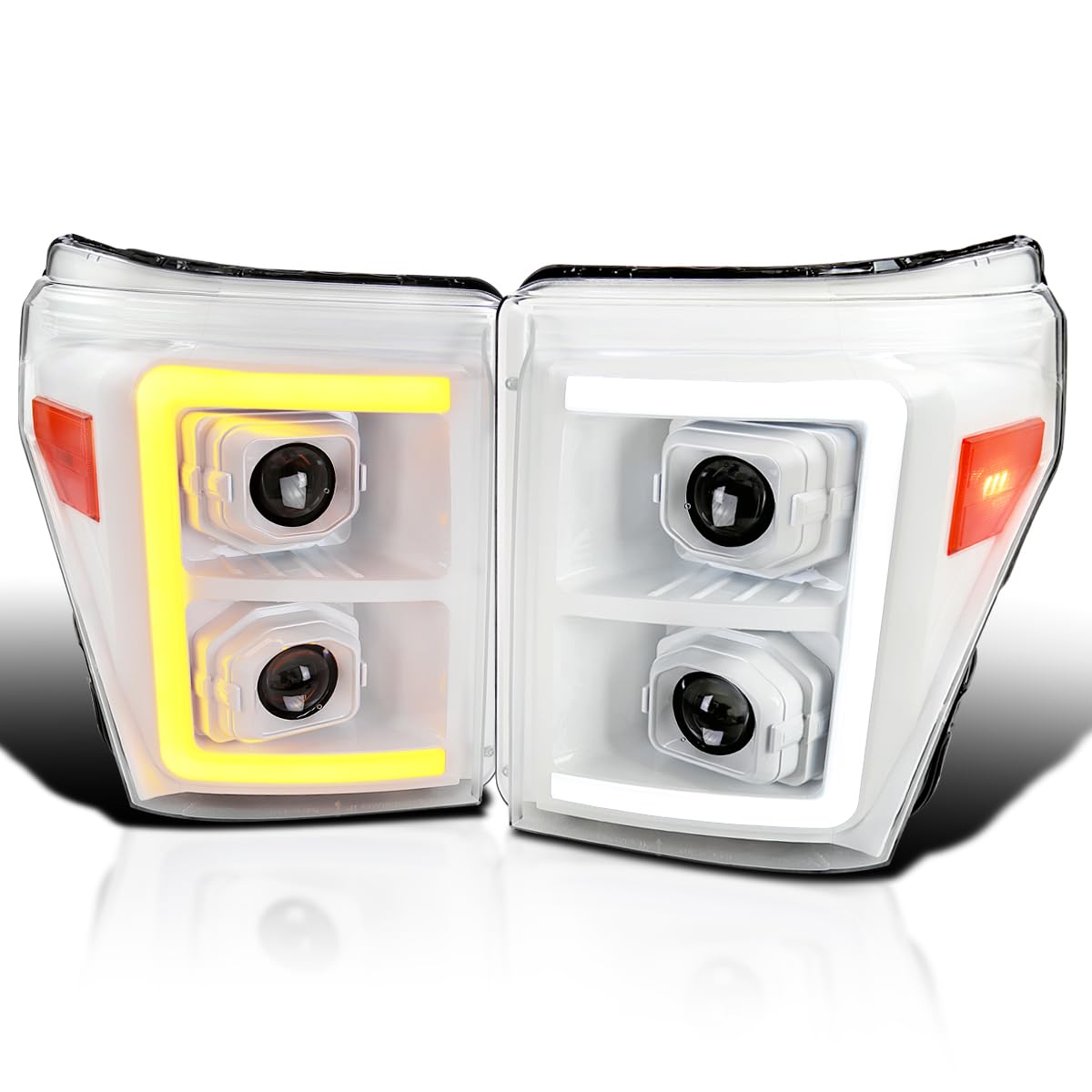 Special Edition SPEC-D TUNING Arctic White Projector Headlights w/Switchback Sequential LED Bar and Startup Animation Compatible with 2011-2016 Ford F250 F350 F450 F550 Super Duty, Left + Right Pair