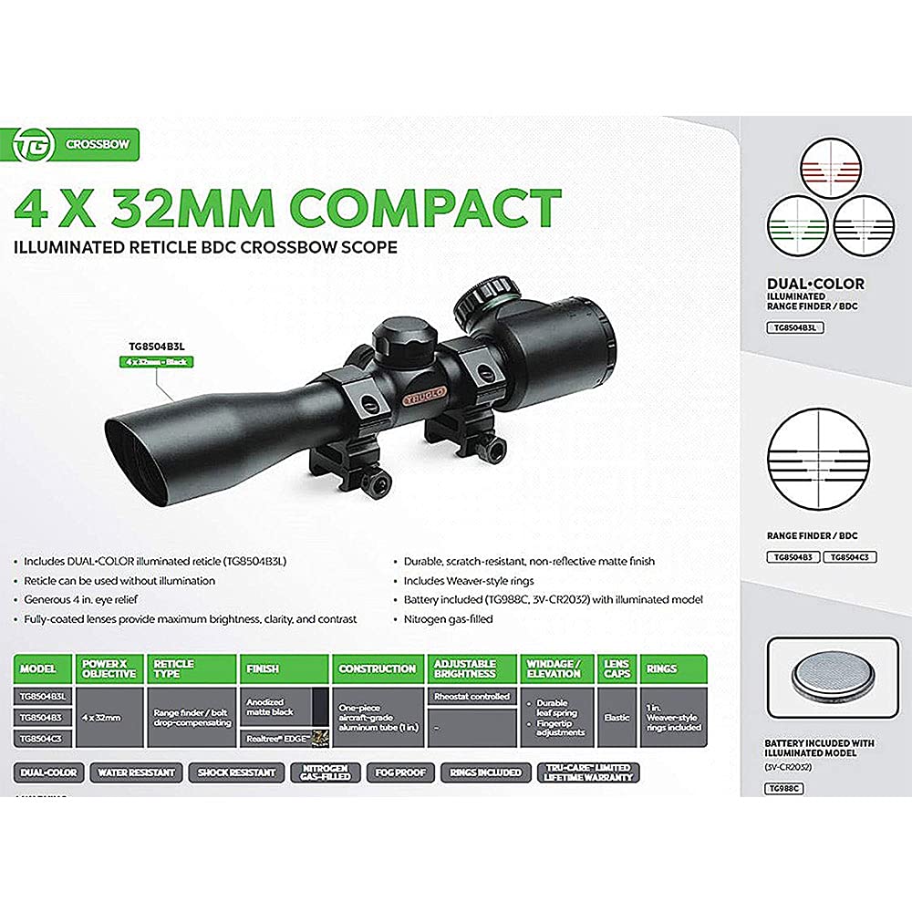 4x32mm TRUGLO Compact Crossbow Scope with Scope Rings Included| Illuminated BDC / Rangefinder, Black