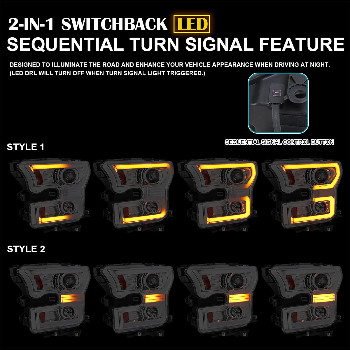 Dual Projector Chrome SPEC-D TUNING Headlights w/Switchback Sequential LED Tube Signal Compatible with 2015-2017 Ford F150 Left + Right Pair Headlamps Assembly