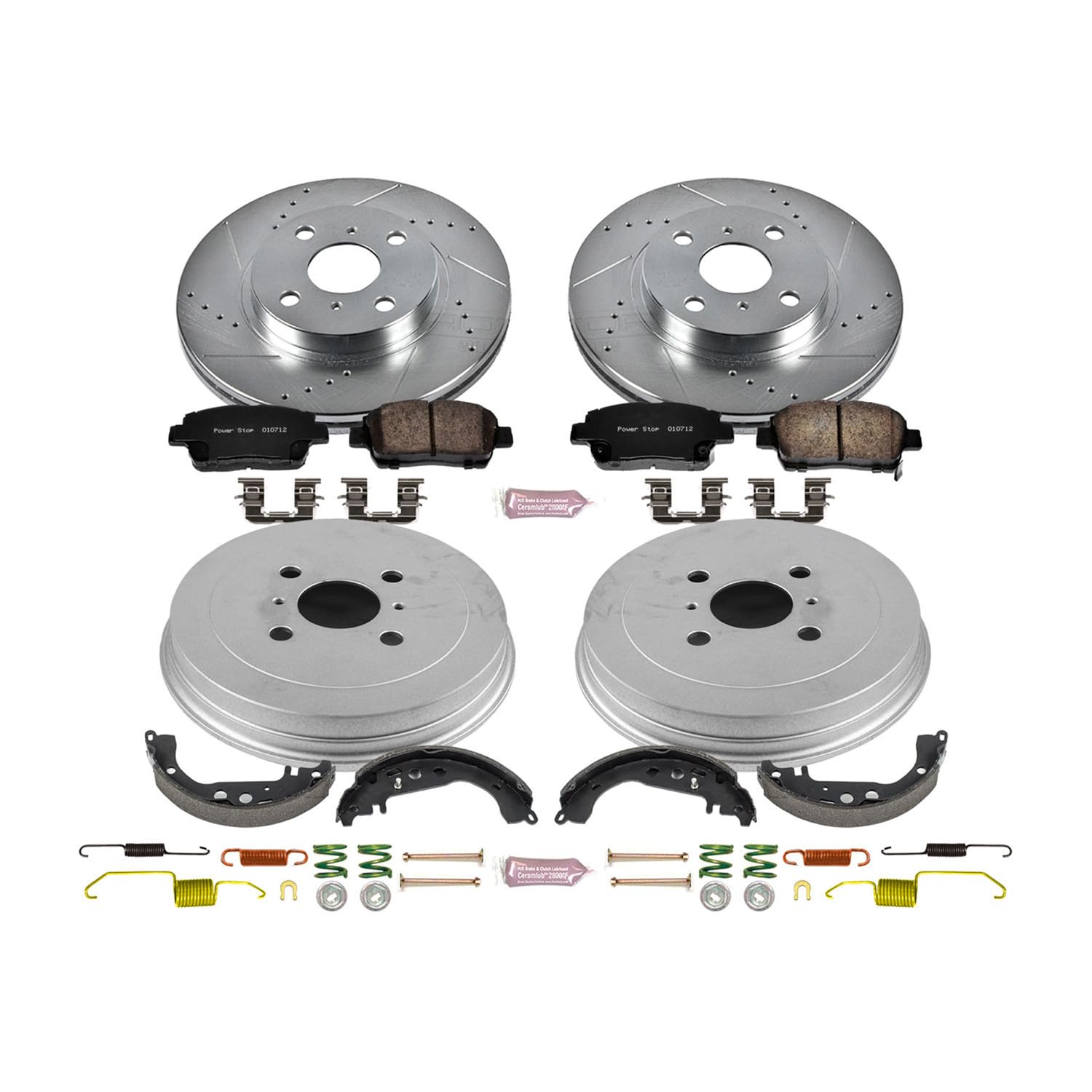 Power Stop K15199DK Z23 Carbon Fiber Brake Pads Front and Rear with Drilled & Slotted Brake Drums Kit For Scion xA 2004-2006, Scion xB 2004-2006 [Model Specific]