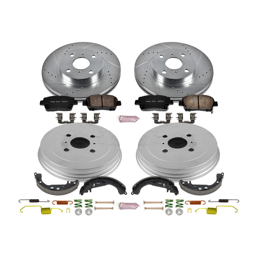 Power Stop K15199DK Z23 Carbon Fiber Brake Pads Front and Rear with Drilled & Slotted Brake Drums Kit For Scion xA 2004-2006, Scion xB 2004-2006 [Model Specific]
