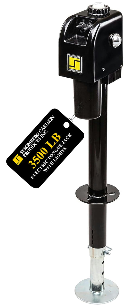 Stromberg Carlson Electric Tongue Jack JET-3755 - Heavy Duty Jack with Motor Protection, 18" Travel & 5" Drop Down Leg, Stabilizing, Leveling & Lifting RV, Camper, Utility Trailers, Black, 3500 lb