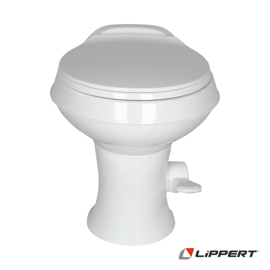RV Camper Toilet Flow Max White with Round Plastic Bowl, 18" Standard Profile, Full-Size Residential Seat, Soft-Close Lid, Efficient Flush - 2024030310